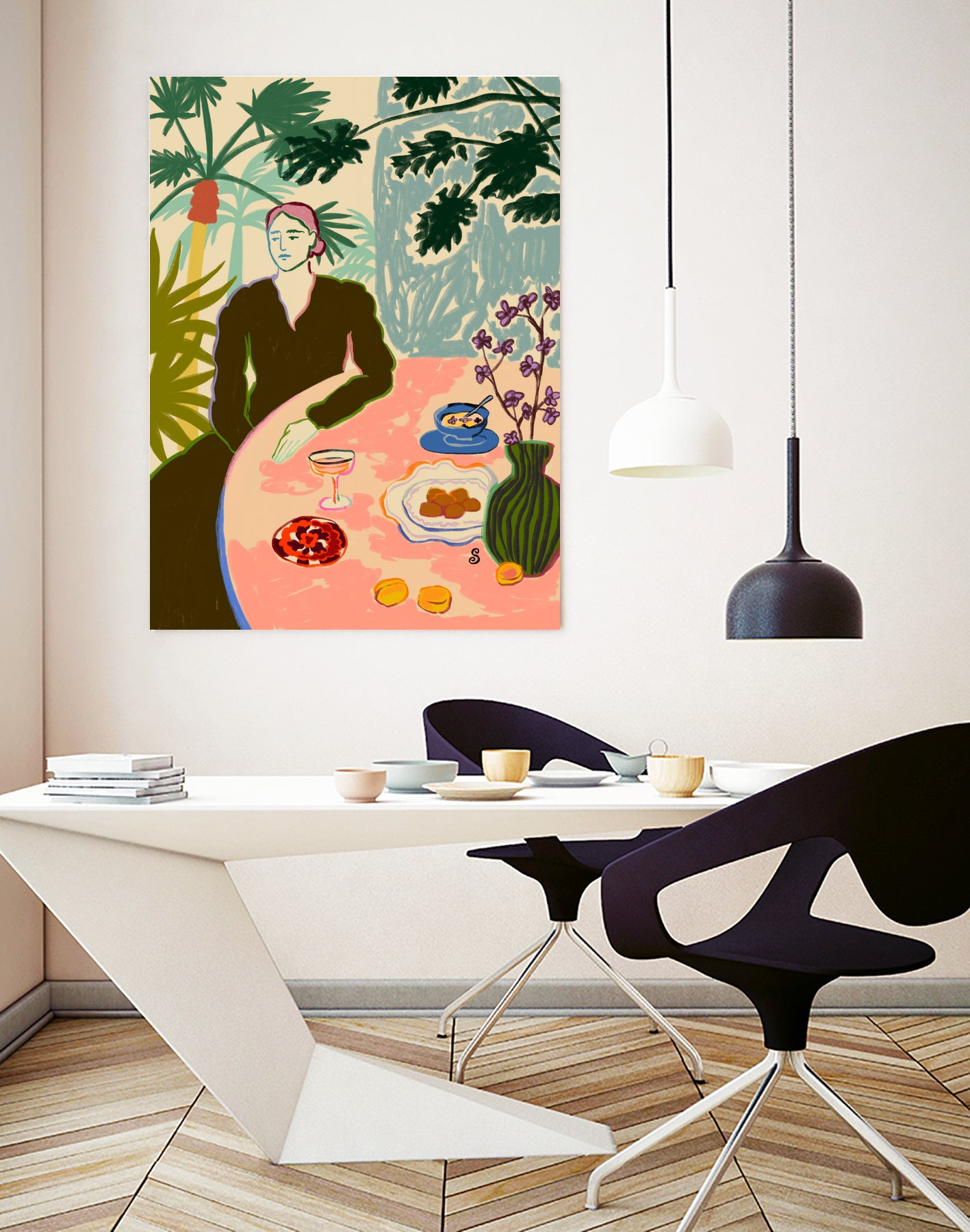 TROPICAL BRUNCH by Sandra Poliakov f on GIANT ART - pink figurative woman,brunch,still life,flowers,picnic,coffee,cocktail ,champaign,apricots,fruit,green,tropical,bali,vacation,feminine,olive green ,vase,fashion,blue sky,tropical ,palm trees,beach,summer,calm,relaxed,mindfulness,slowing down,self love,self care,pink