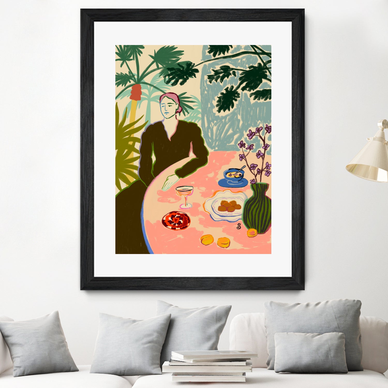 TROPICAL BRUNCH by Sandra Poliakov f on GIANT ART - pink figurative woman,brunch,still life,flowers,picnic,coffee,cocktail ,champaign,apricots,fruit,green,tropical,bali,vacation,feminine,olive green ,vase,fashion,blue sky,tropical ,palm trees,beach,summer,calm,relaxed,mindfulness,slowing down,self love,self care,pink