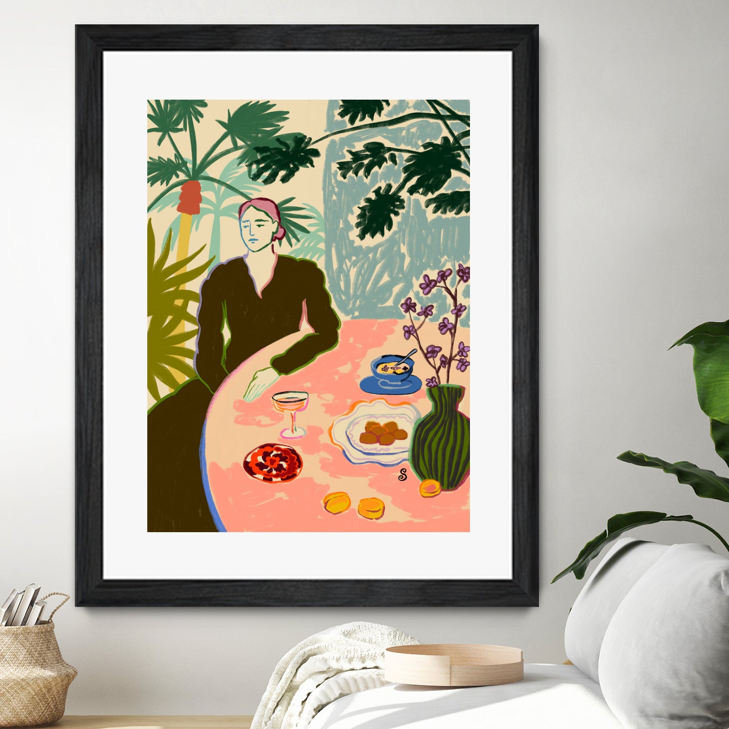TROPICAL BRUNCH by Sandra Poliakov f on GIANT ART - pink figurative woman,brunch,still life,flowers,picnic,coffee,cocktail ,champaign,apricots,fruit,green,tropical,bali,vacation,feminine,olive green ,vase,fashion,blue sky,tropical ,palm trees,beach,summer,calm,relaxed,mindfulness,slowing down,self love,self care,pink