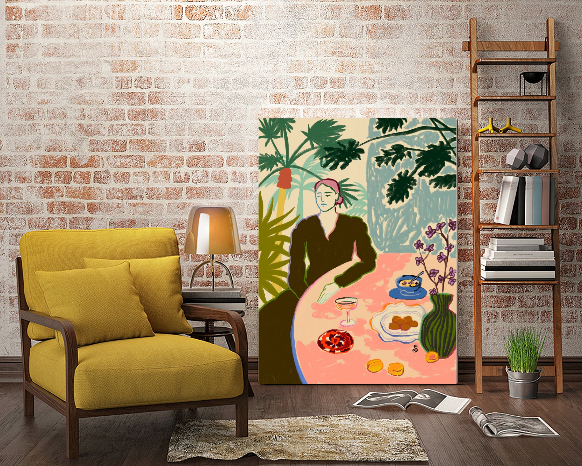 TROPICAL BRUNCH by Sandra Poliakov f on GIANT ART - pink figurative woman,brunch,still life,flowers,picnic,coffee,cocktail ,champaign,apricots,fruit,green,tropical,bali,vacation,feminine,olive green ,vase,fashion,blue sky,tropical ,palm trees,beach,summer,calm,relaxed,mindfulness,slowing down,self love,self care,pink