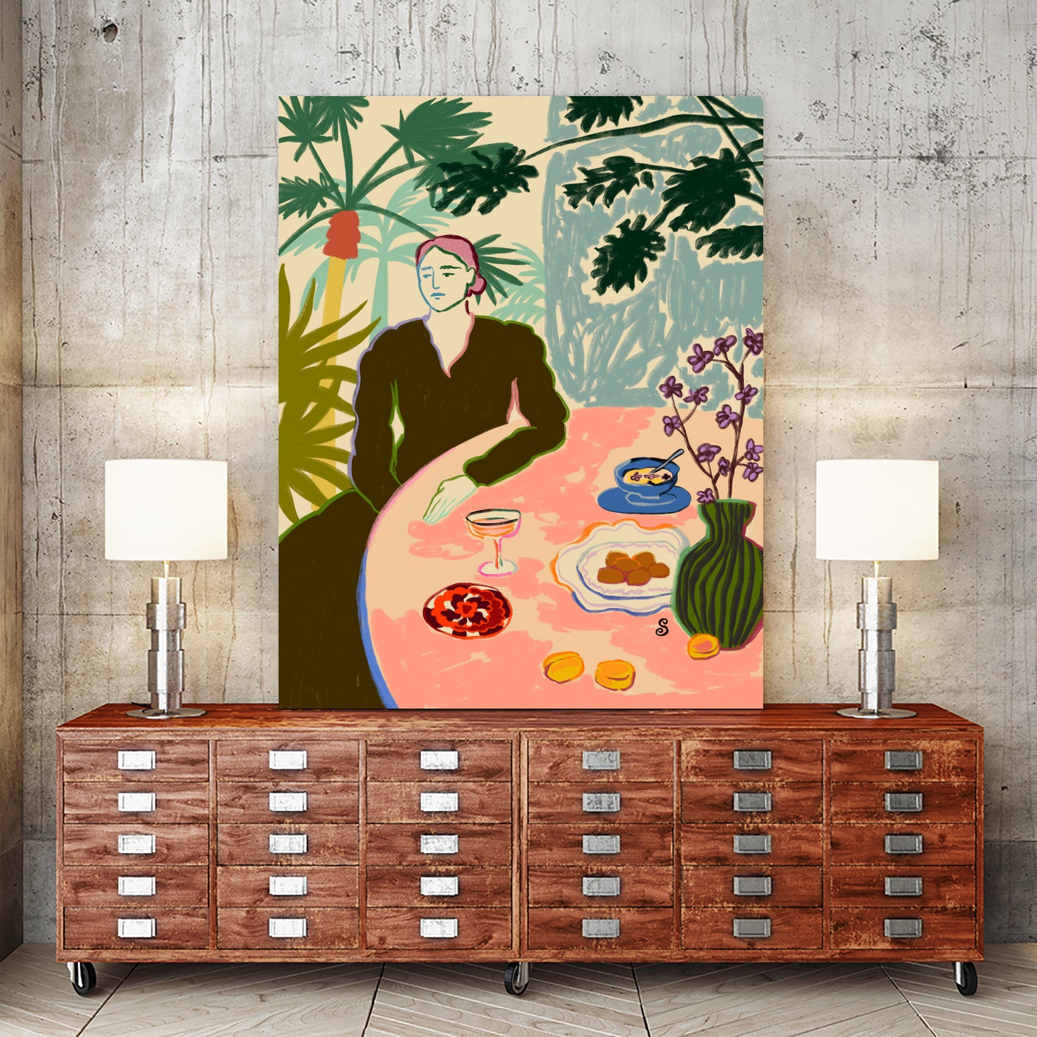 TROPICAL BRUNCH by Sandra Poliakov f on GIANT ART - pink figurative woman,brunch,still life,flowers,picnic,coffee,cocktail ,champaign,apricots,fruit,green,tropical,bali,vacation,feminine,olive green ,vase,fashion,blue sky,tropical ,palm trees,beach,summer,calm,relaxed,mindfulness,slowing down,self love,self care,pink