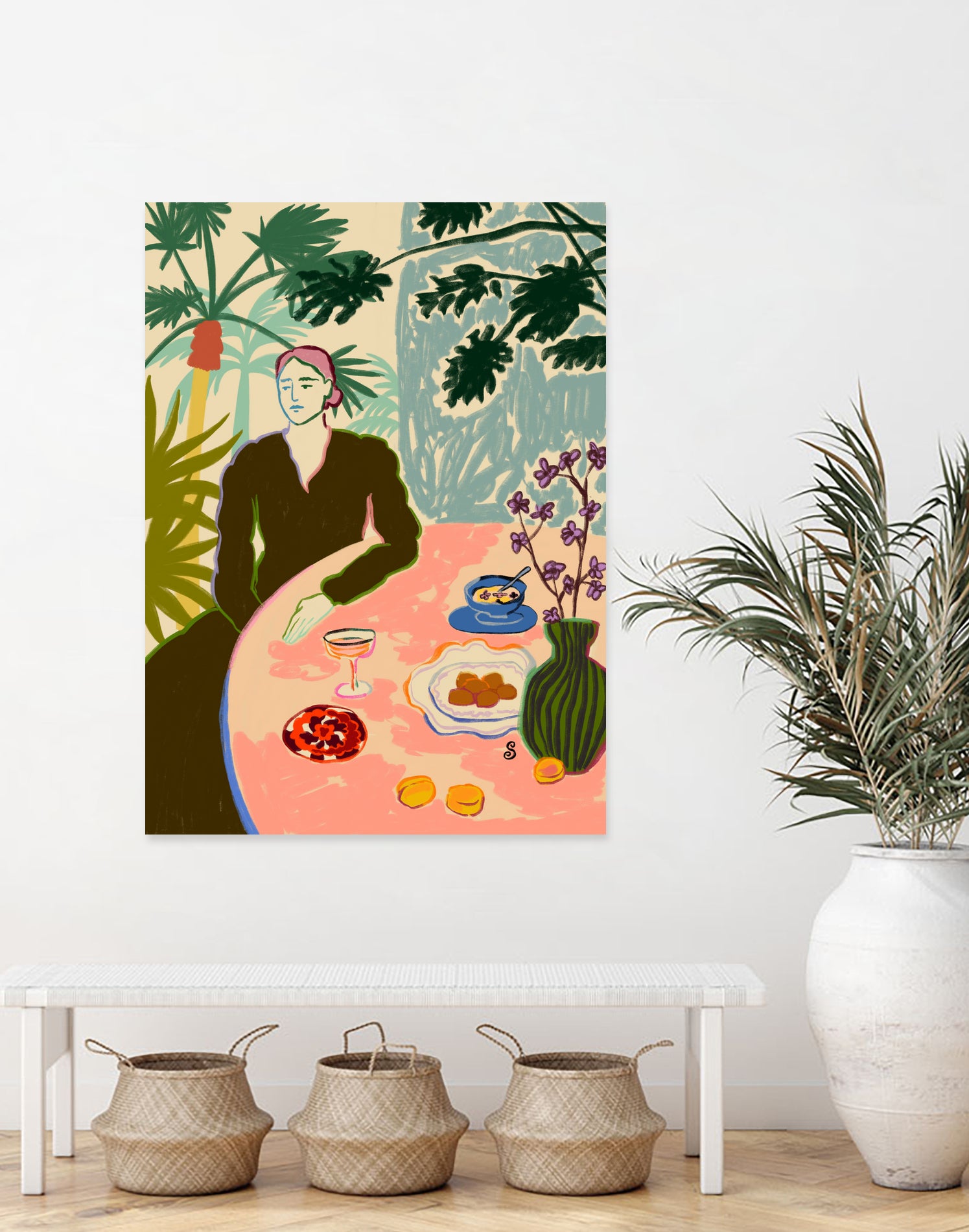 TROPICAL BRUNCH by Sandra Poliakov f on GIANT ART - pink figurative woman,brunch,still life,flowers,picnic,coffee,cocktail ,champaign,apricots,fruit,green,tropical,bali,vacation,feminine,olive green ,vase,fashion,blue sky,tropical ,palm trees,beach,summer,calm,relaxed,mindfulness,slowing down,self love,self care,pink