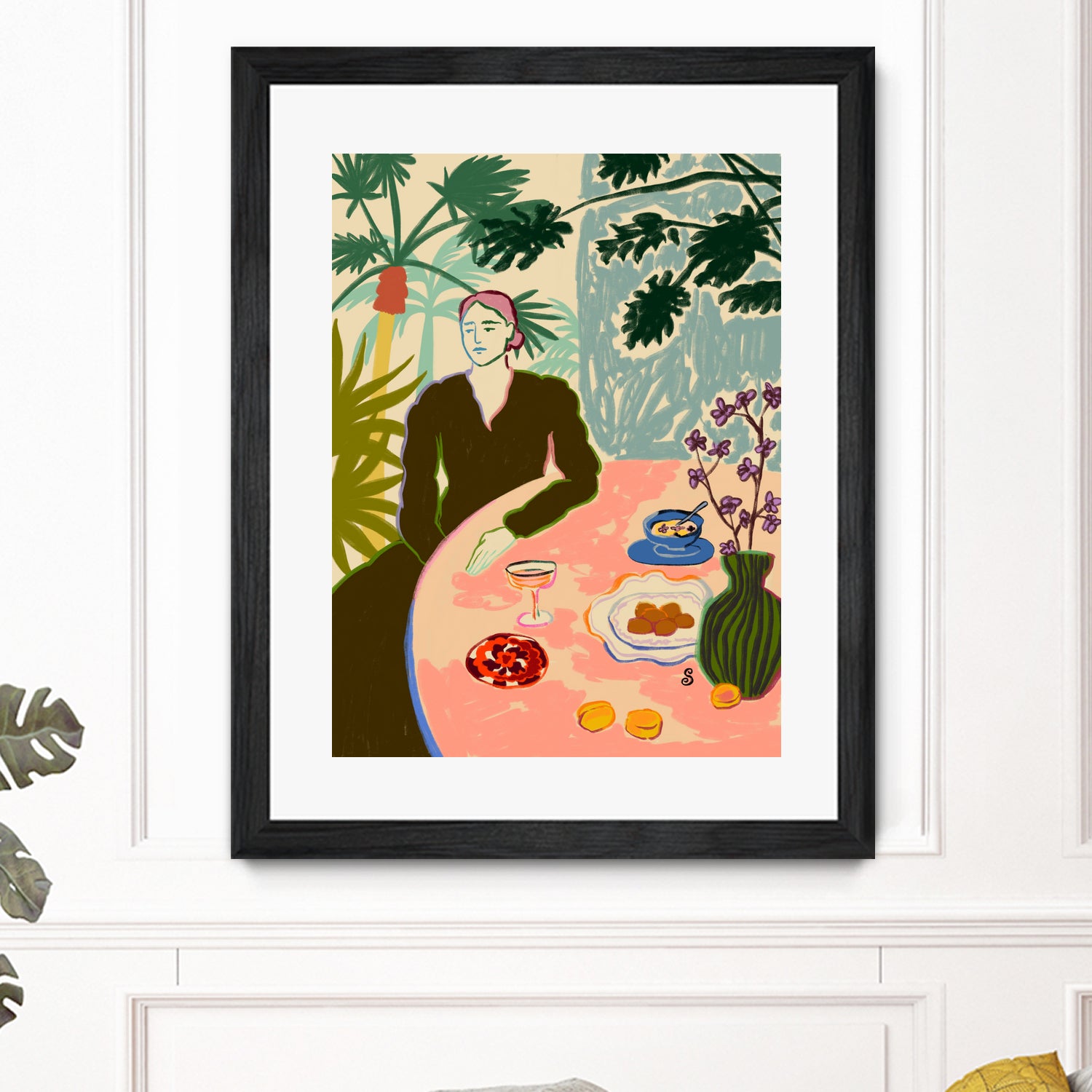 TROPICAL BRUNCH by Sandra Poliakov f on GIANT ART - pink figurative woman,brunch,still life,flowers,picnic,coffee,cocktail ,champaign,apricots,fruit,green,tropical,bali,vacation,feminine,olive green ,vase,fashion,blue sky,tropical ,palm trees,beach,summer,calm,relaxed,mindfulness,slowing down,self love,self care,pink