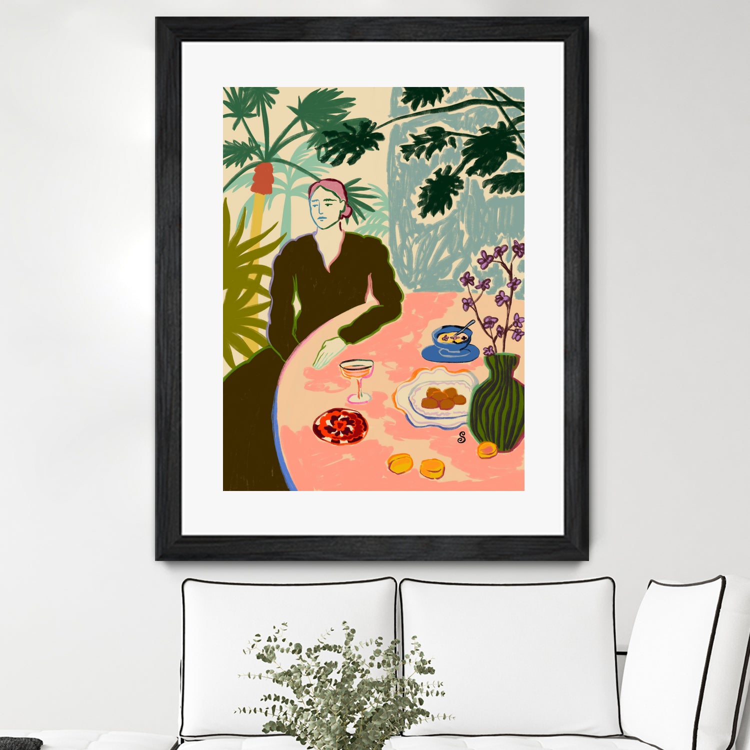 TROPICAL BRUNCH by Sandra Poliakov f on GIANT ART - pink figurative woman,brunch,still life,flowers,picnic,coffee,cocktail ,champaign,apricots,fruit,green,tropical,bali,vacation,feminine,olive green ,vase,fashion,blue sky,tropical ,palm trees,beach,summer,calm,relaxed,mindfulness,slowing down,self love,self care,pink