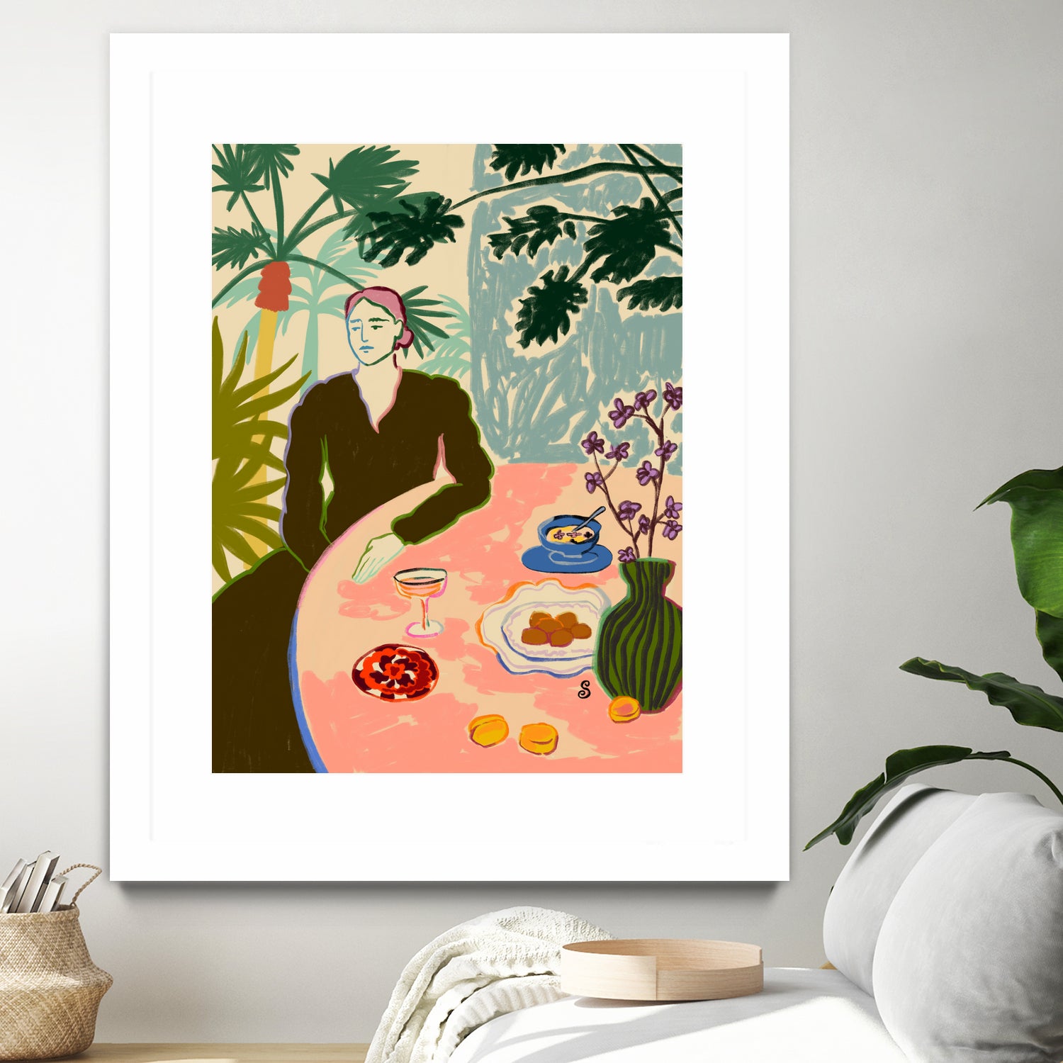 TROPICAL BRUNCH by Sandra Poliakov f on GIANT ART - pink figurative woman,brunch,still life,flowers,picnic,coffee,cocktail ,champaign,apricots,fruit,green,tropical,bali,vacation,feminine,olive green ,vase,fashion,blue sky,tropical ,palm trees,beach,summer,calm,relaxed,mindfulness,slowing down,self love,self care,pink