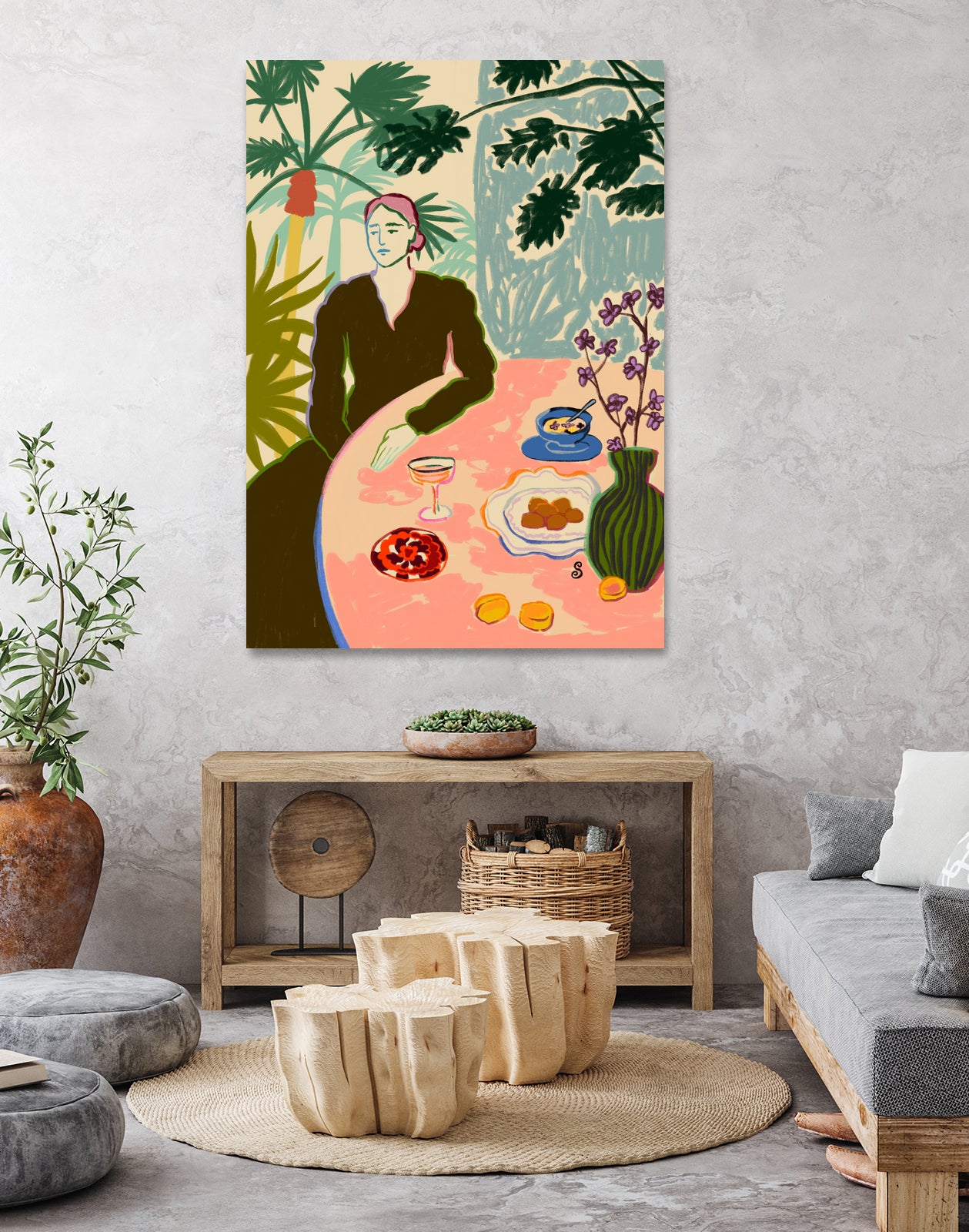 TROPICAL BRUNCH by Sandra Poliakov f on GIANT ART - pink figurative woman,brunch,still life,flowers,picnic,coffee,cocktail ,champaign,apricots,fruit,green,tropical,bali,vacation,feminine,olive green ,vase,fashion,blue sky,tropical ,palm trees,beach,summer,calm,relaxed,mindfulness,slowing down,self love,self care,pink
