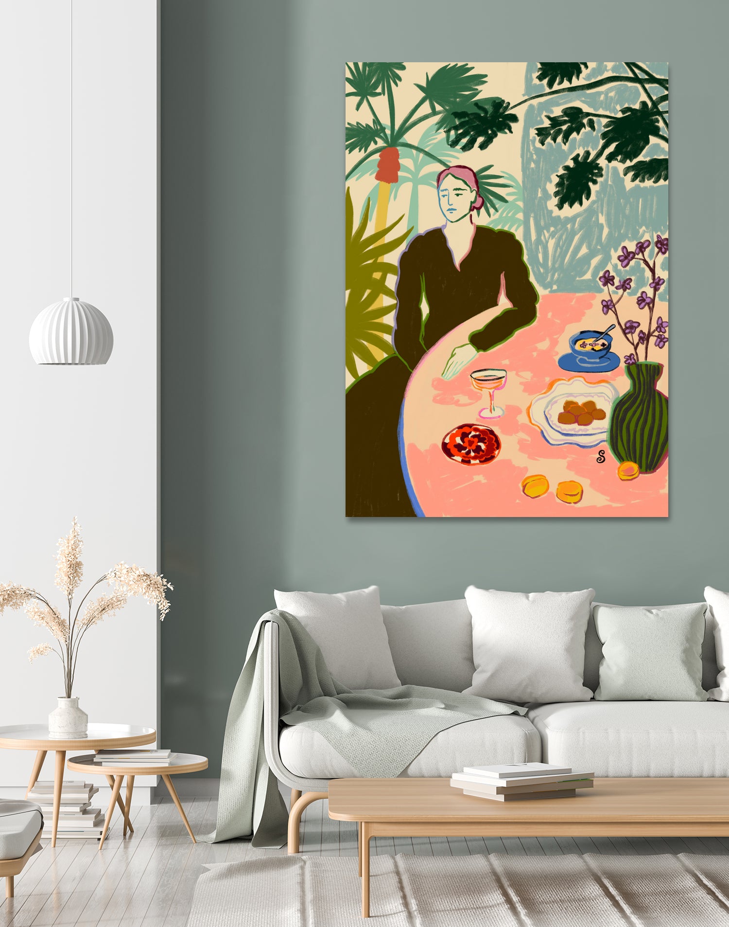 TROPICAL BRUNCH by Sandra Poliakov f on GIANT ART - pink figurative woman,brunch,still life,flowers,picnic,coffee,cocktail ,champaign,apricots,fruit,green,tropical,bali,vacation,feminine,olive green ,vase,fashion,blue sky,tropical ,palm trees,beach,summer,calm,relaxed,mindfulness,slowing down,self love,self care,pink