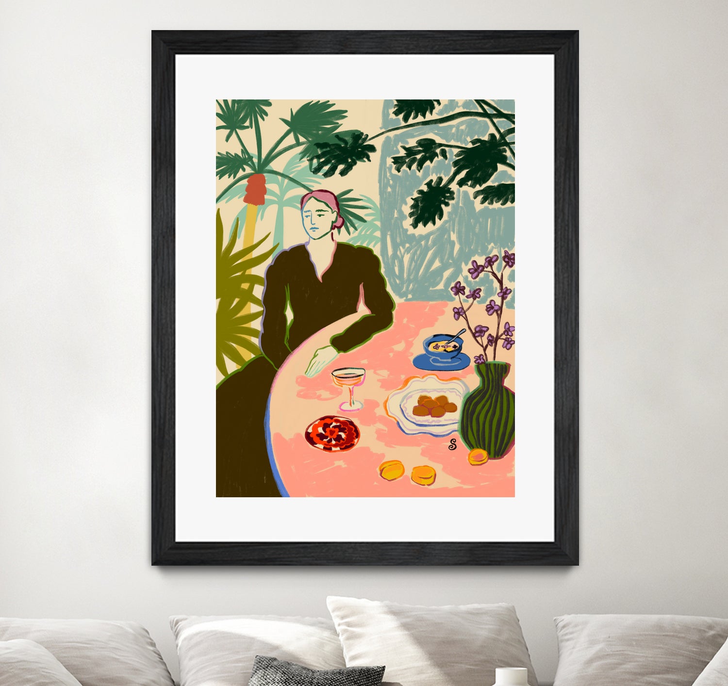 TROPICAL BRUNCH by Sandra Poliakov f on GIANT ART - pink figurative woman,brunch,still life,flowers,picnic,coffee,cocktail ,champaign,apricots,fruit,green,tropical,bali,vacation,feminine,olive green ,vase,fashion,blue sky,tropical ,palm trees,beach,summer,calm,relaxed,mindfulness,slowing down,self love,self care,pink