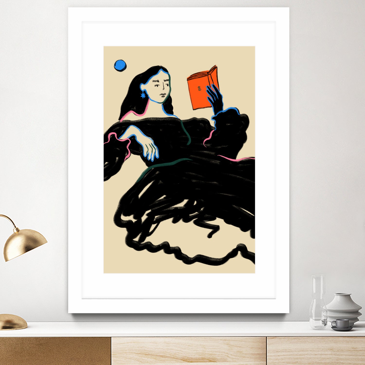 Midnight Reading by Sandra Poliakov on GIANT ART - figurative drawing,illustration,sketch,human face,painting,art,clipart,cartoon,woman,black dress,reading,book worm,reader,colourful ,pastell,relaxed,calm,mindful,slow living,moon,night,feminine,girl power,home decor ,maximalist,graphic,painted,paint,painterly,person,people,still,serene,peace,peaceful,tranquil,tranquilitiy,stillness,harmony,sky