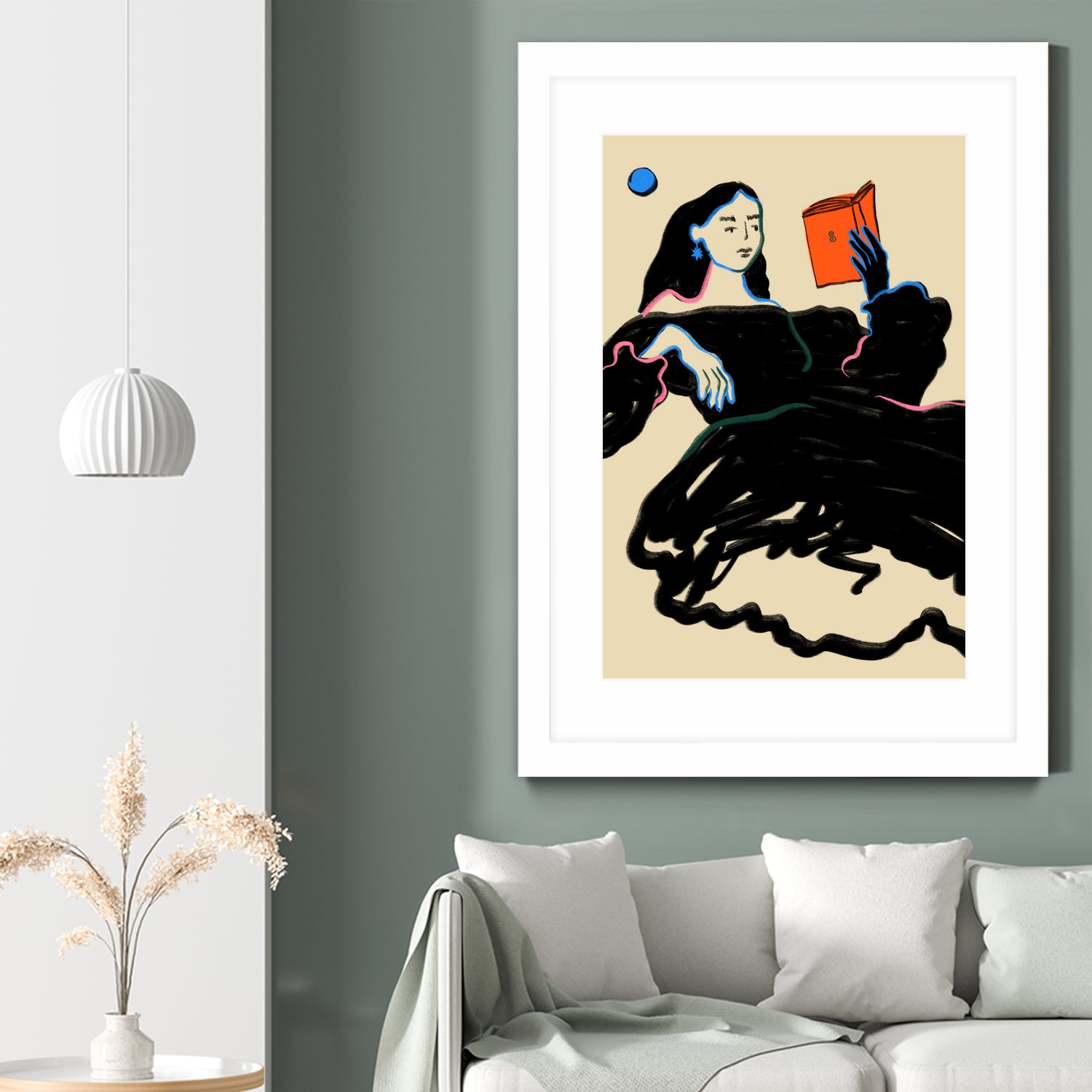 Midnight Reading by Sandra Poliakov on GIANT ART - figurative drawing,illustration,sketch,human face,painting,art,clipart,cartoon,woman,black dress,reading,book worm,reader,colourful ,pastell,relaxed,calm,mindful,slow living,moon,night,feminine,girl power,home decor ,maximalist,graphic,painted,paint,painterly,person,people,still,serene,peace,peaceful,tranquil,tranquilitiy,stillness,harmony,sky