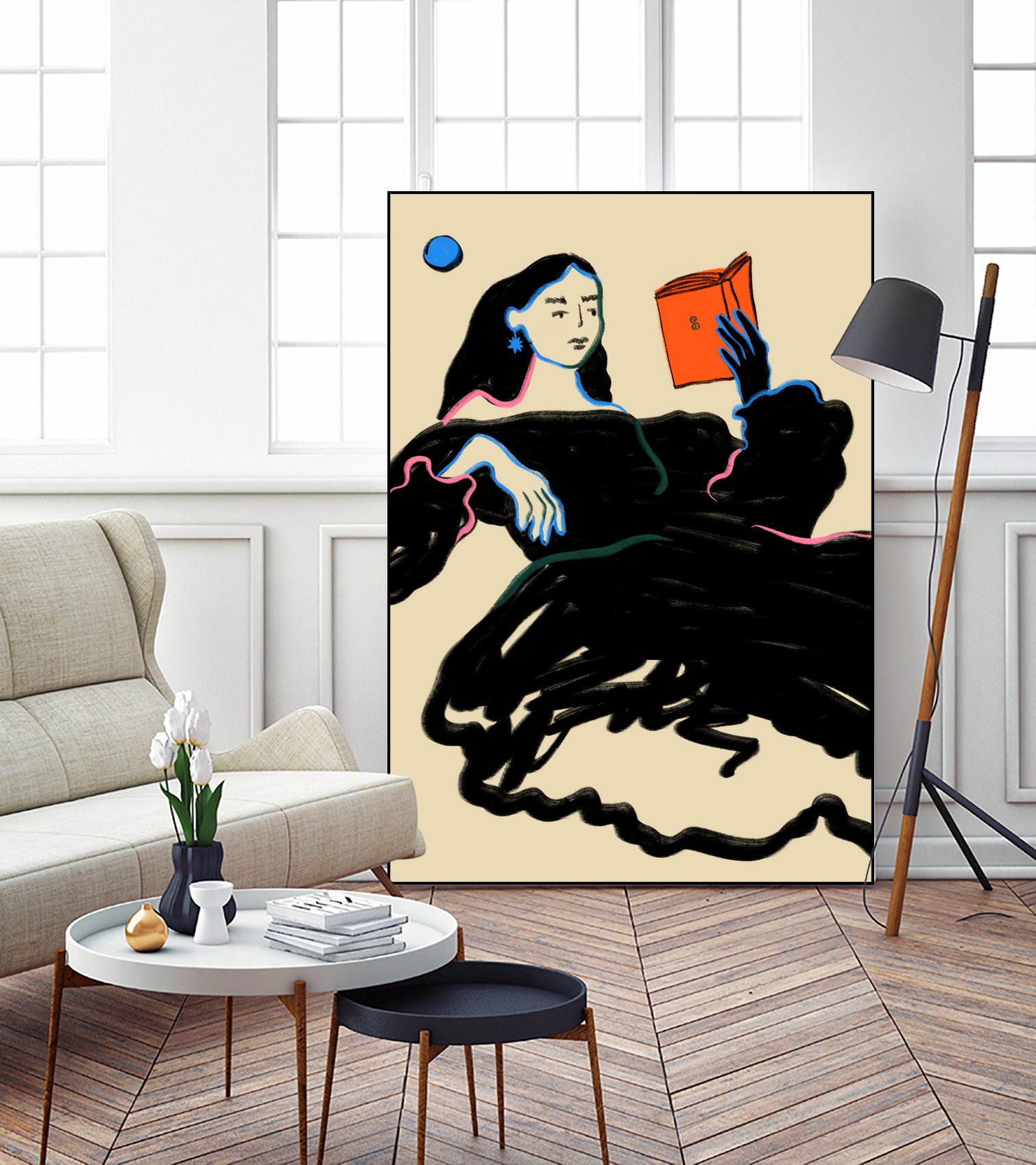Midnight Reading by Sandra Poliakov on GIANT ART - figurative drawing,illustration,sketch,human face,painting,art,clipart,cartoon,woman,black dress,reading,book worm,reader,colourful ,pastell,relaxed,calm,mindful,slow living,moon,night,feminine,girl power,home decor ,maximalist,graphic,painted,paint,painterly,person,people,still,serene,peace,peaceful,tranquil,tranquilitiy,stillness,harmony,sky