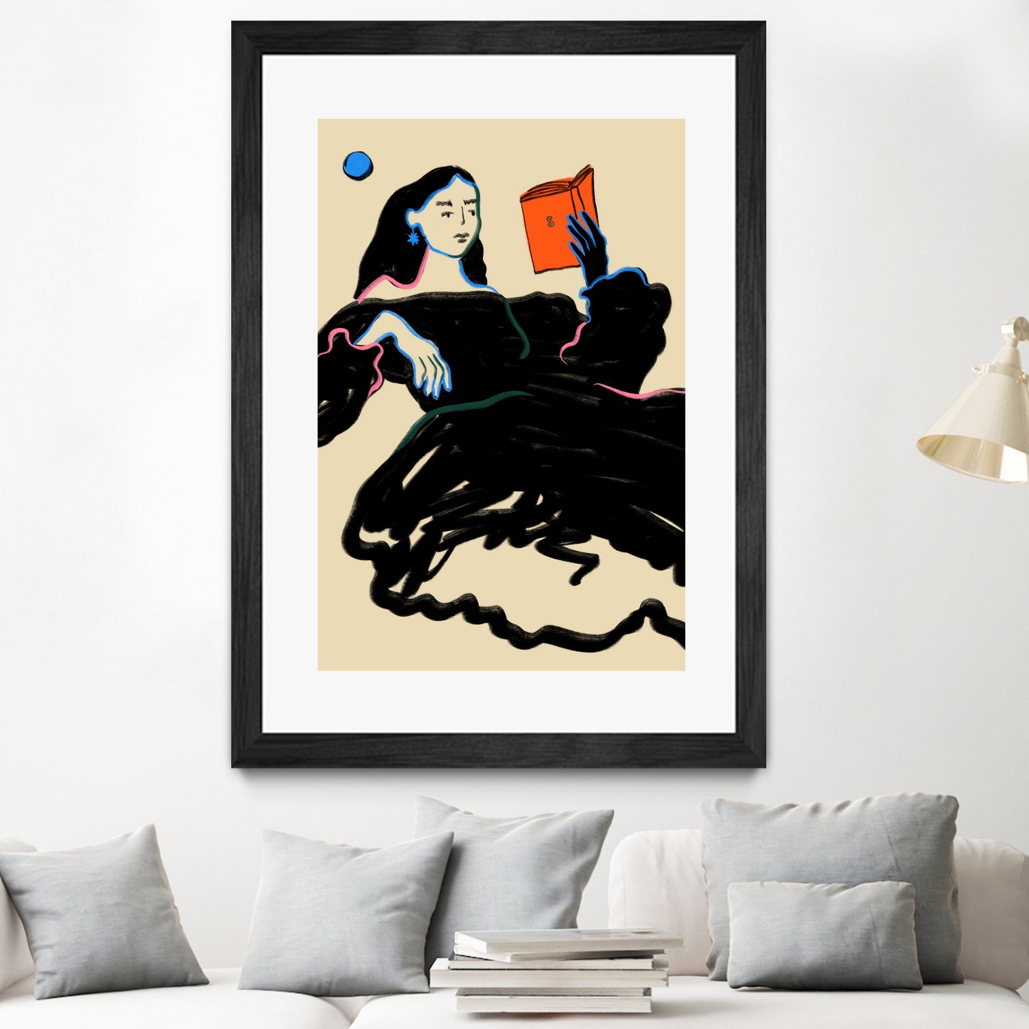 Midnight Reading by Sandra Poliakov on GIANT ART - figurative drawing,illustration,sketch,human face,painting,art,clipart,cartoon,woman,black dress,reading,book worm,reader,colourful ,pastell,relaxed,calm,mindful,slow living,moon,night,feminine,girl power,home decor ,maximalist,graphic,painted,paint,painterly,person,people,still,serene,peace,peaceful,tranquil,tranquilitiy,stillness,harmony,sky