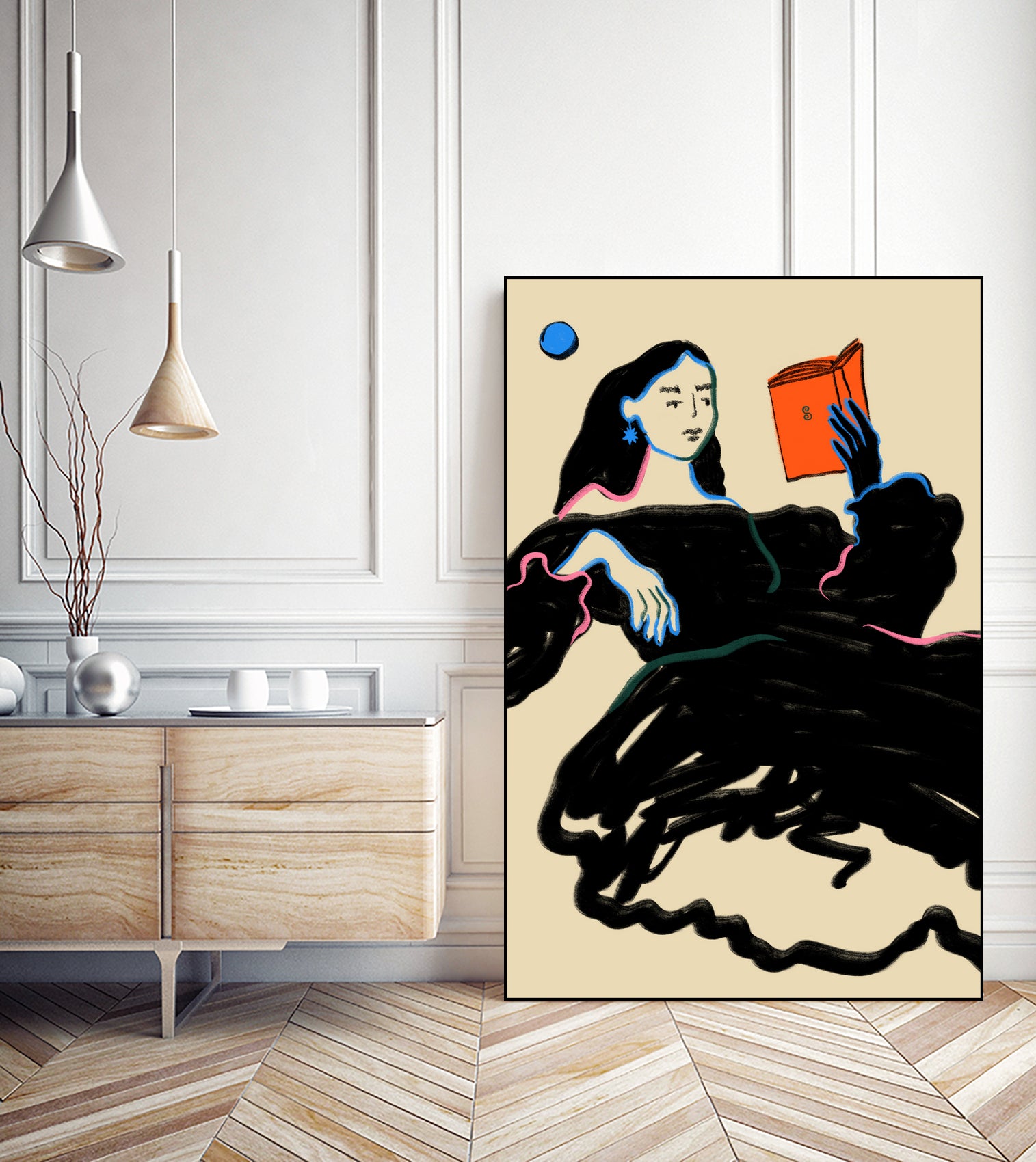 Midnight Reading by Sandra Poliakov on GIANT ART - figurative drawing,illustration,sketch,human face,painting,art,clipart,cartoon,woman,black dress,reading,book worm,reader,colourful ,pastell,relaxed,calm,mindful,slow living,moon,night,feminine,girl power,home decor ,maximalist,graphic,painted,paint,painterly,person,people,still,serene,peace,peaceful,tranquil,tranquilitiy,stillness,harmony,sky