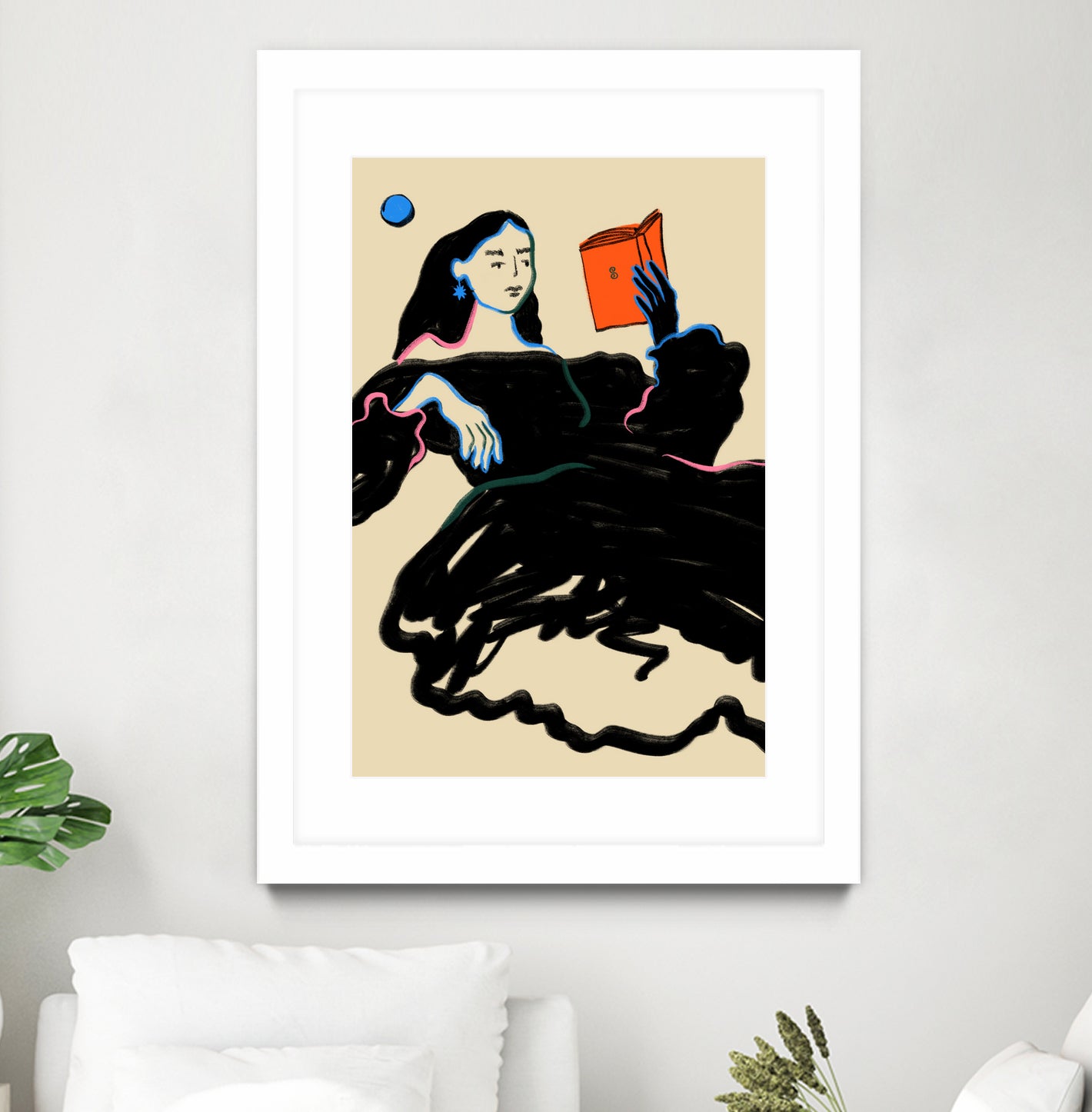 Midnight Reading by Sandra Poliakov on GIANT ART - figurative drawing,illustration,sketch,human face,painting,art,clipart,cartoon,woman,black dress,reading,book worm,reader,colourful ,pastell,relaxed,calm,mindful,slow living,moon,night,feminine,girl power,home decor ,maximalist,graphic,painted,paint,painterly,person,people,still,serene,peace,peaceful,tranquil,tranquilitiy,stillness,harmony,sky