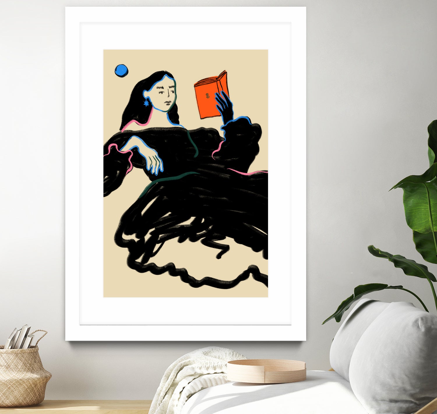 Midnight Reading by Sandra Poliakov on GIANT ART - figurative drawing,illustration,sketch,human face,painting,art,clipart,cartoon,woman,black dress,reading,book worm,reader,colourful ,pastell,relaxed,calm,mindful,slow living,moon,night,feminine,girl power,home decor ,maximalist,graphic,painted,paint,painterly,person,people,still,serene,peace,peaceful,tranquil,tranquilitiy,stillness,harmony,sky