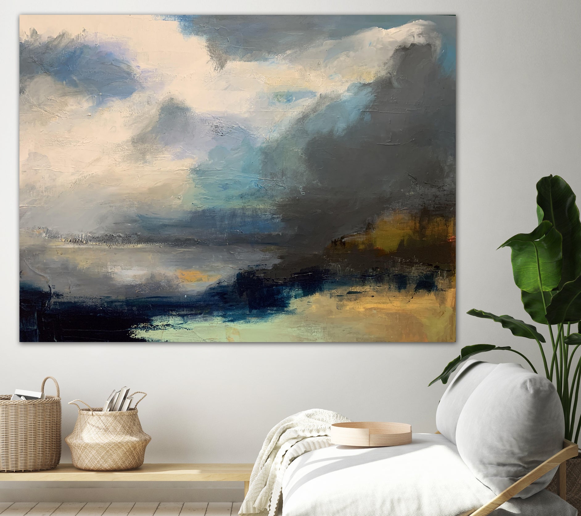 Dramatic Cloudy Sky Over a Serene Seascape by Anna-Karin Bergius on GIANT ART - abstract landscape painting nature and landscapes abstract landscape painting