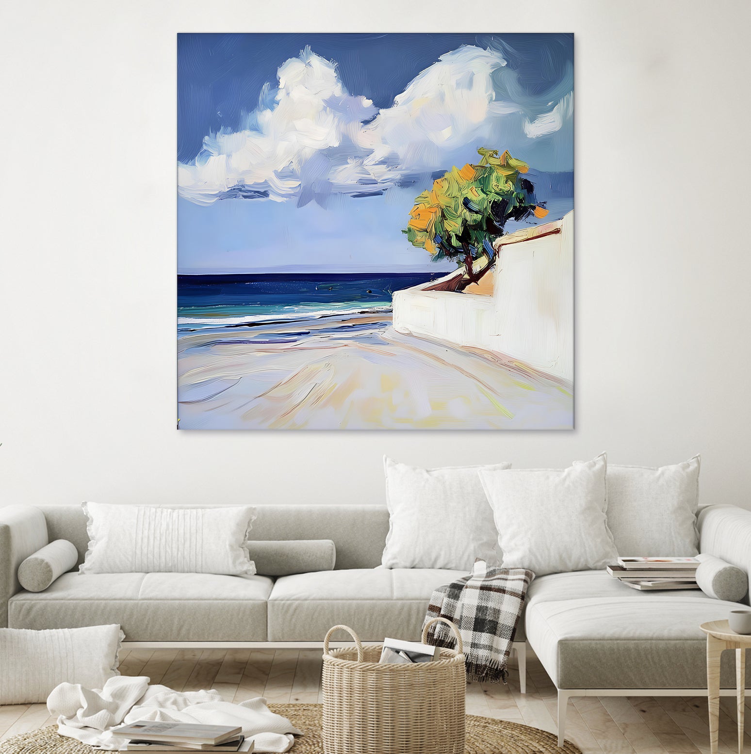 Serene Beach View with a Tree and Dramatic Clouds by Avanesova Elena on GIANT ART - nature and landscapes elena