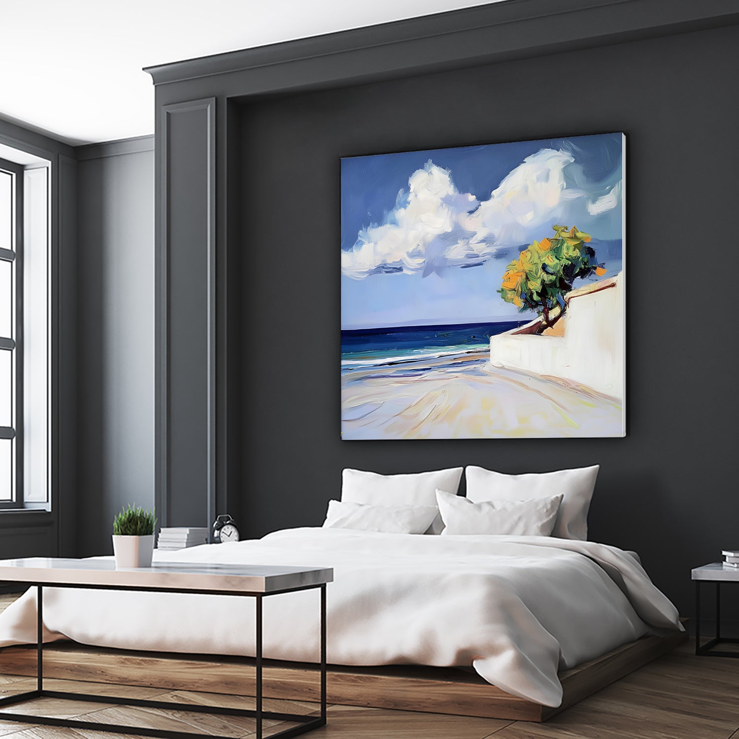 Serene Beach View with a Tree and Dramatic Clouds by Avanesova Elena on GIANT ART - nature and landscapes elena