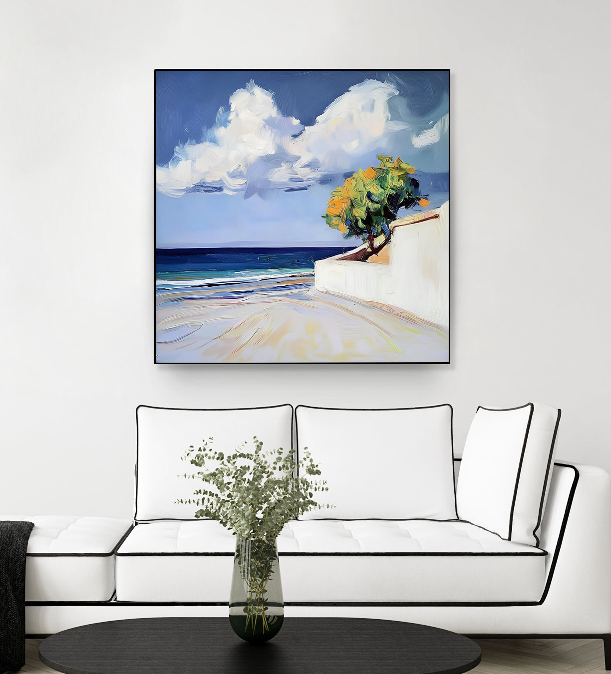 Serene Beach View with a Tree and Dramatic Clouds by Avanesova Elena on GIANT ART - nature and landscapes elena