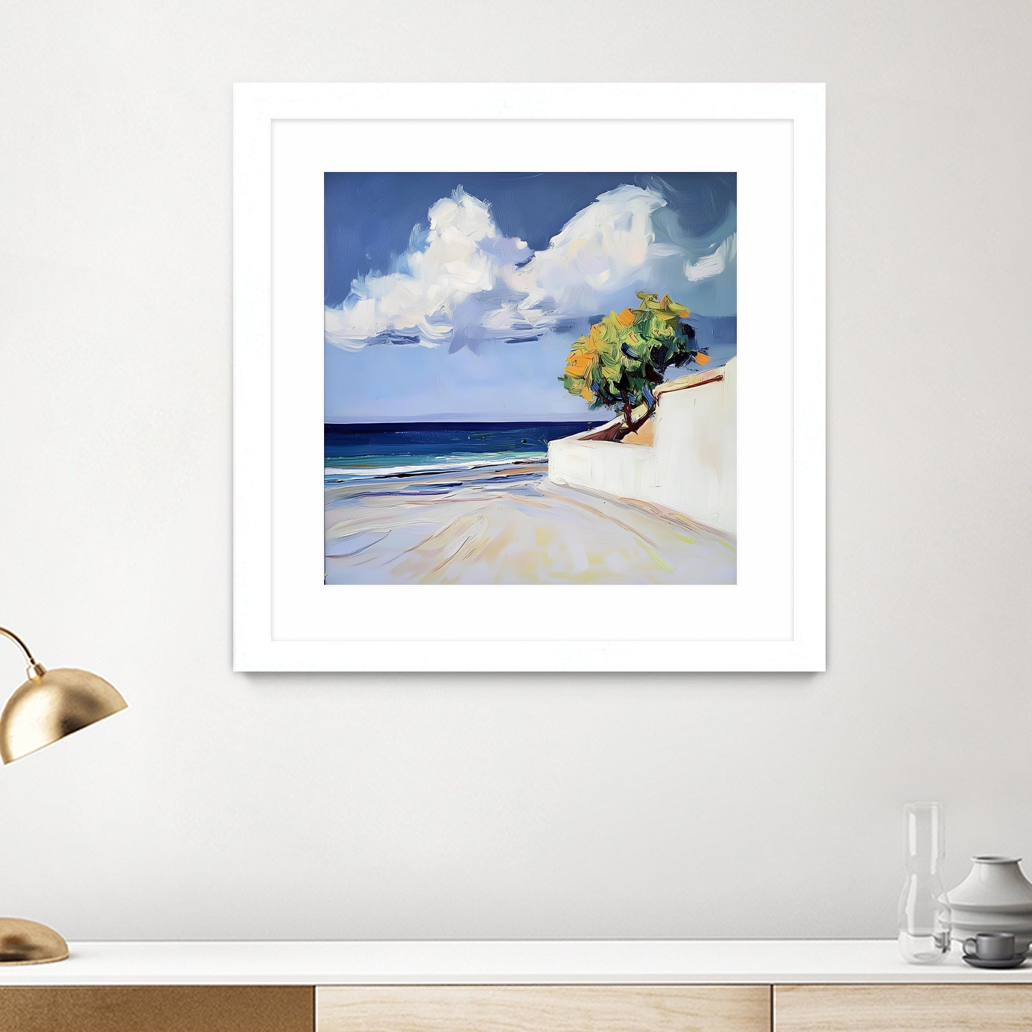 Serene Beach View with a Tree and Dramatic Clouds by Avanesova Elena on GIANT ART - nature and landscapes elena