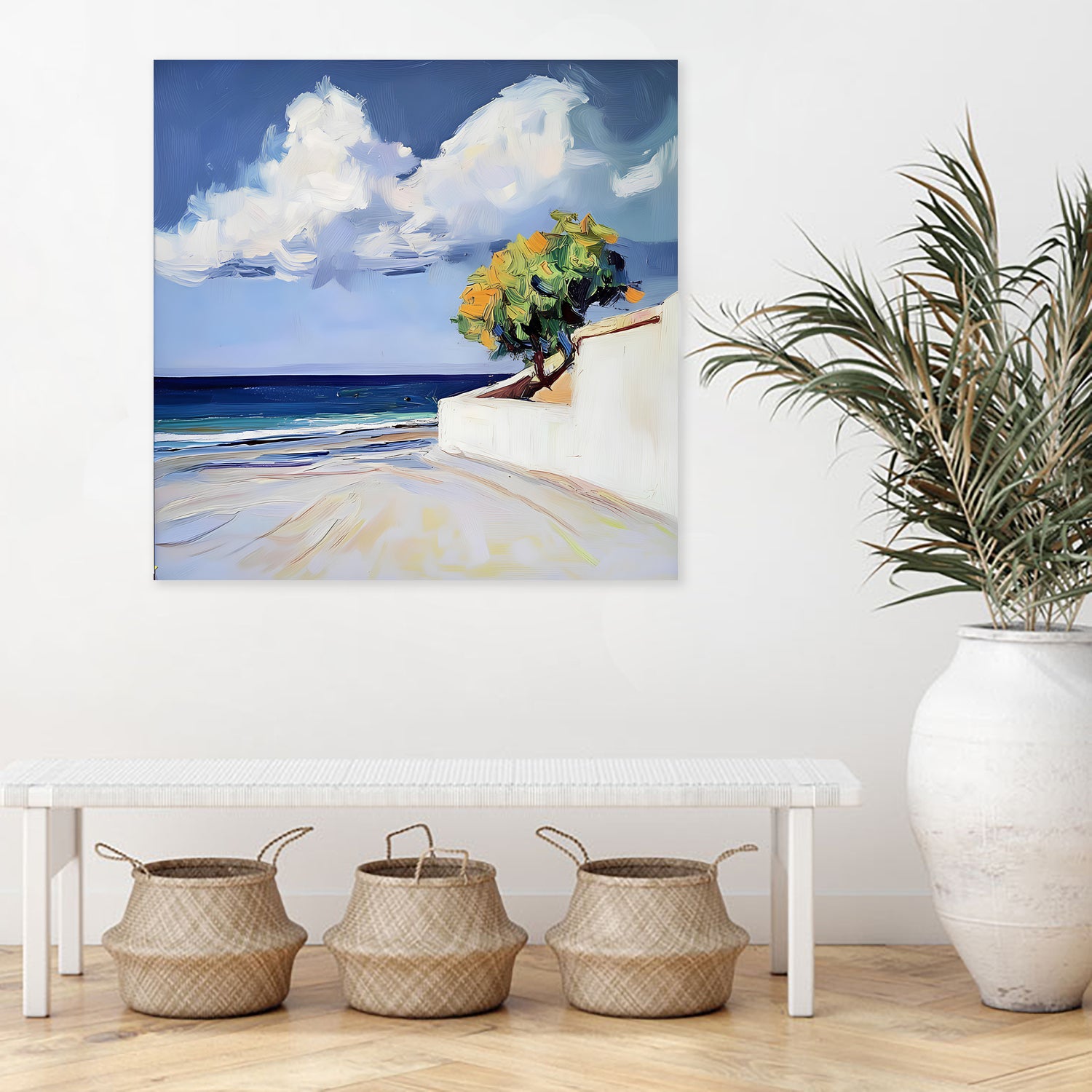 Serene Beach View with a Tree and Dramatic Clouds by Avanesova Elena on GIANT ART - nature and landscapes elena