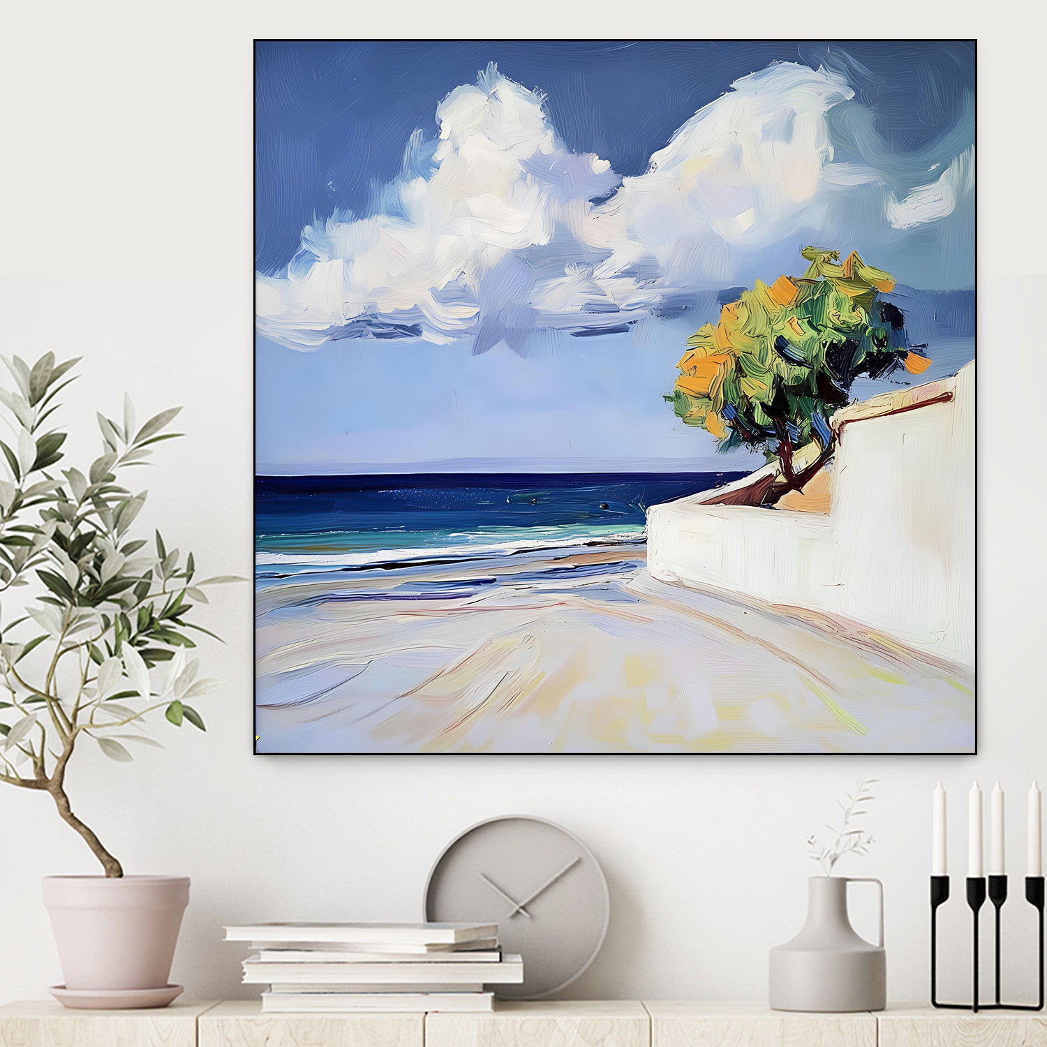 Serene Beach View with a Tree and Dramatic Clouds by Avanesova Elena on GIANT ART - nature and landscapes elena