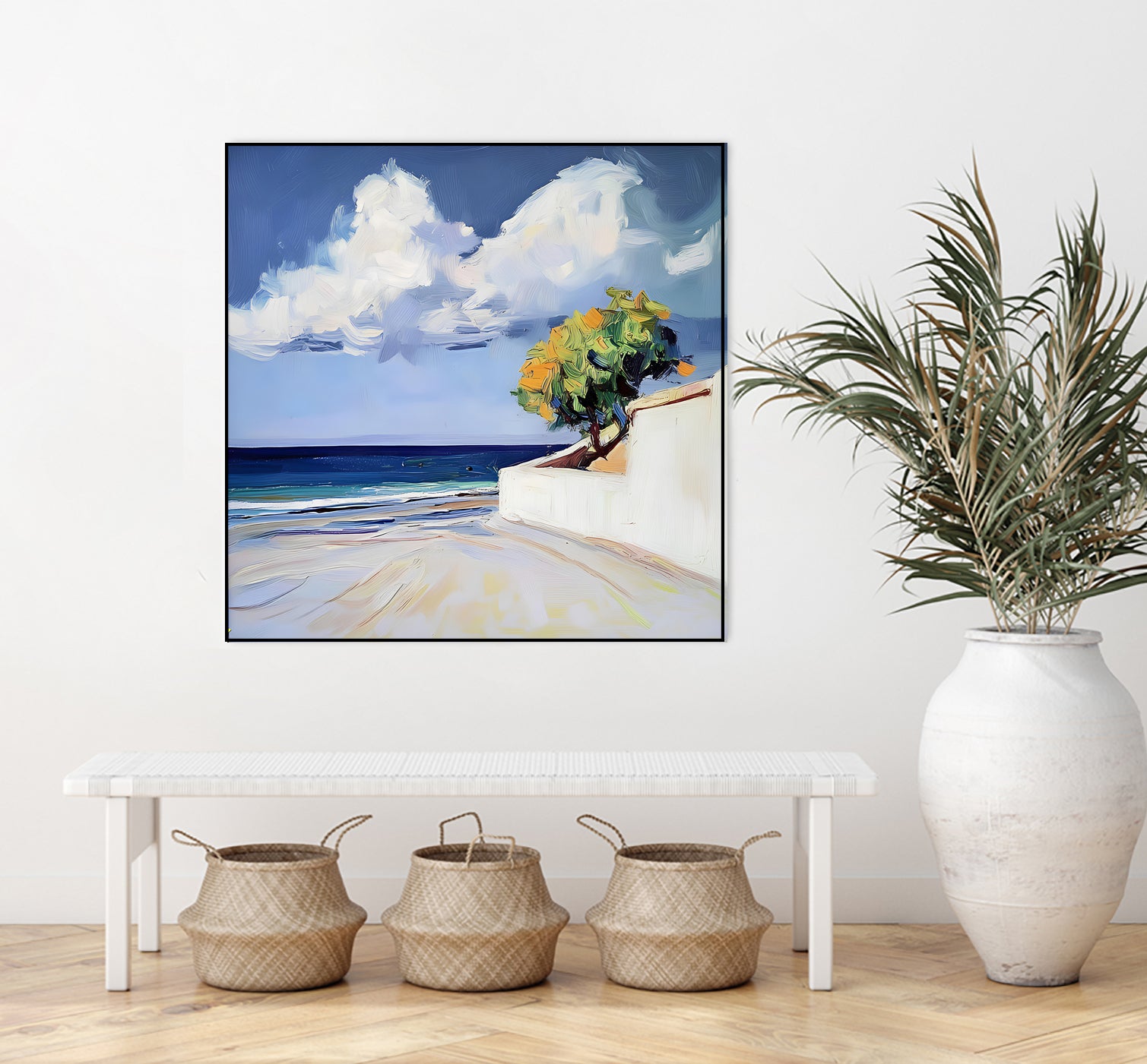 Serene Beach View with a Tree and Dramatic Clouds by Avanesova Elena on GIANT ART - nature and landscapes elena