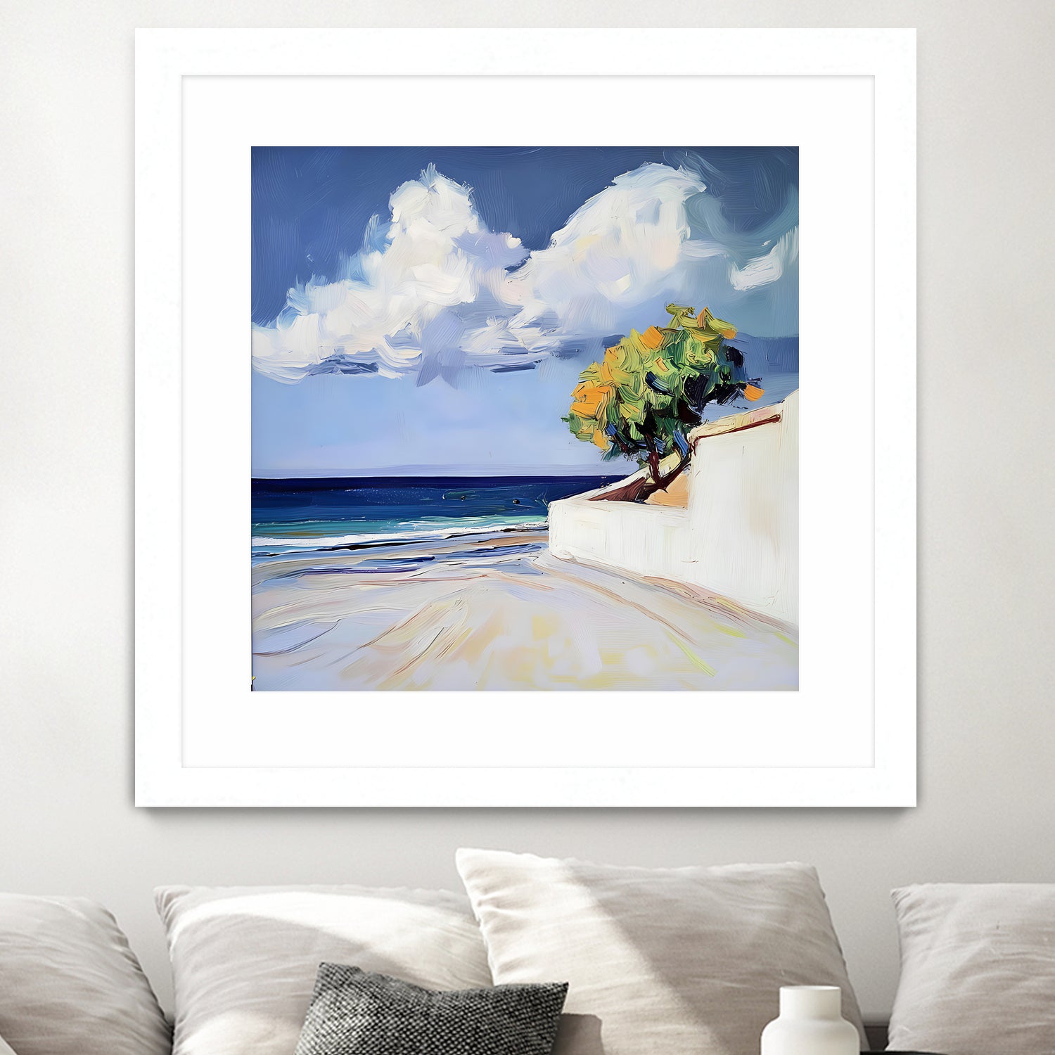 Serene Beach View with a Tree and Dramatic Clouds by Avanesova Elena on GIANT ART - nature and landscapes elena