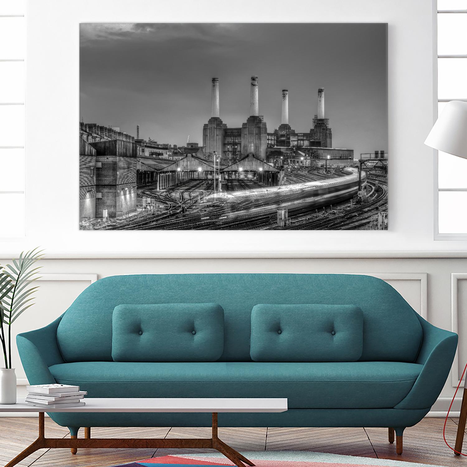 Trains pass Battersea Power Sation by Nick Jackson on GIANT ART - white city scene