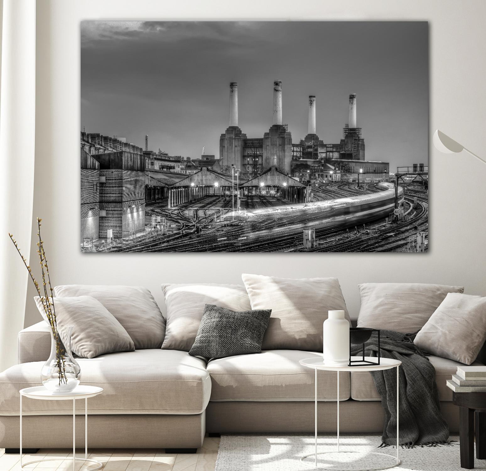 Trains pass Battersea Power Sation by Nick Jackson on GIANT ART - white city scene