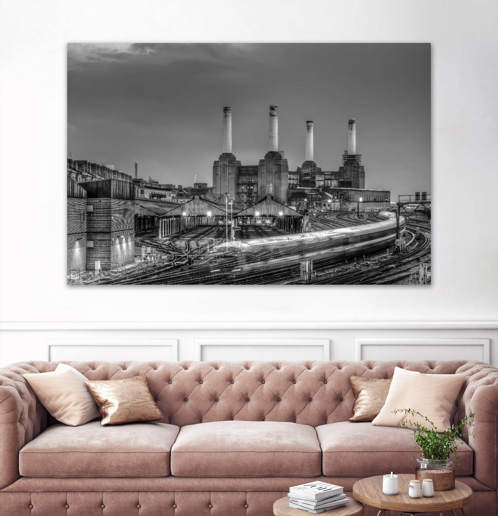 Trains pass Battersea Power Sation by Nick Jackson on GIANT ART - white city scene