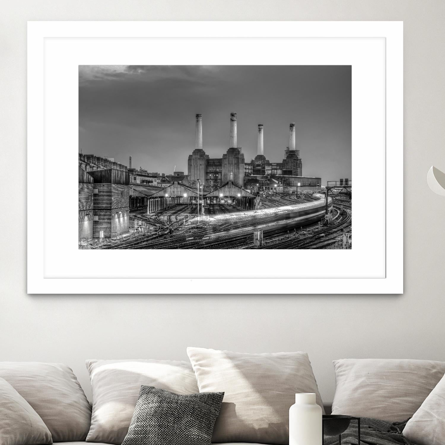Trains pass Battersea Power Sation by Nick Jackson on GIANT ART - white city scene