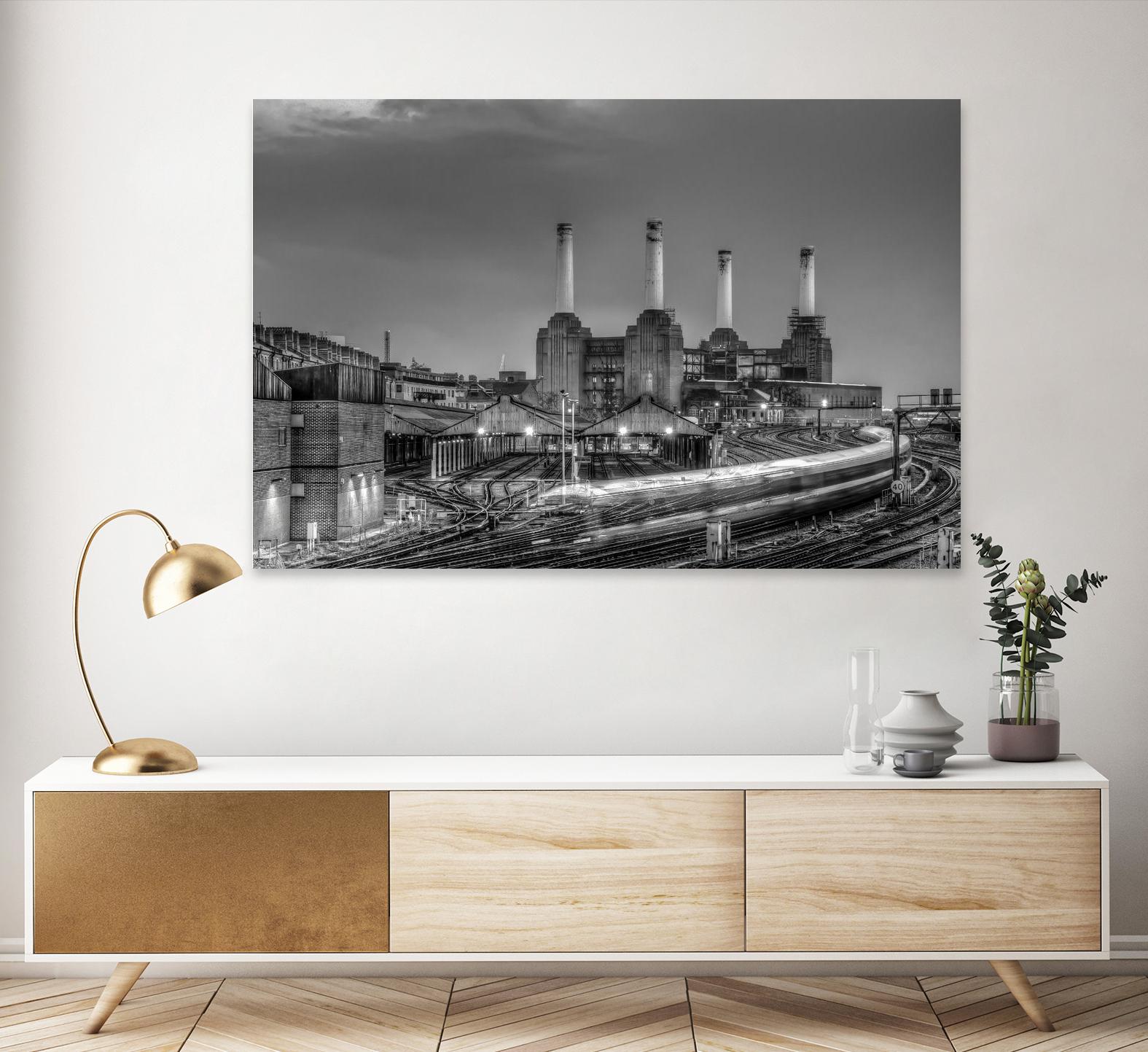 Trains pass Battersea Power Sation by Nick Jackson on GIANT ART - white city scene