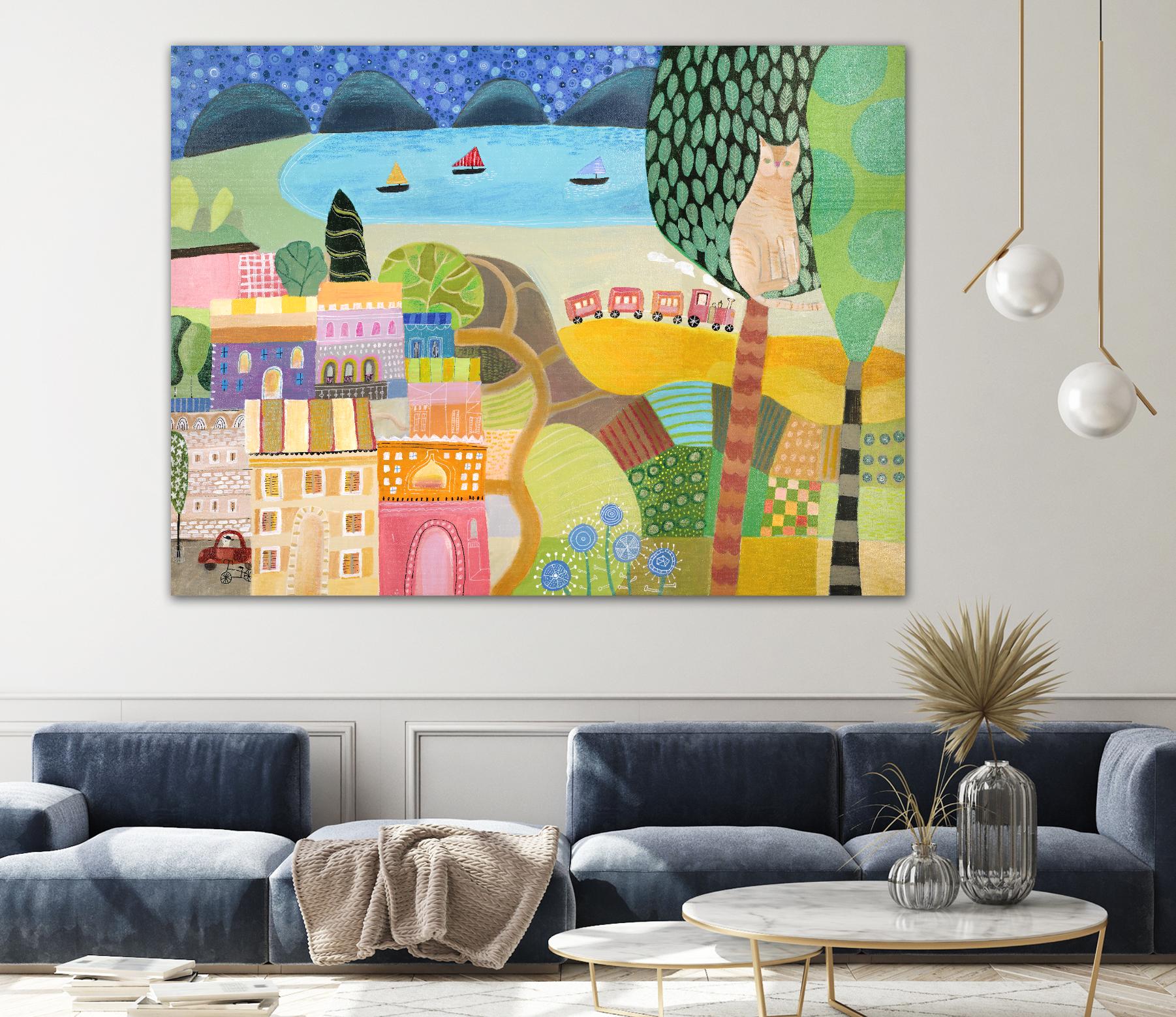 Village with Train by Nathaniel Mather on GIANT ART - green contemporary