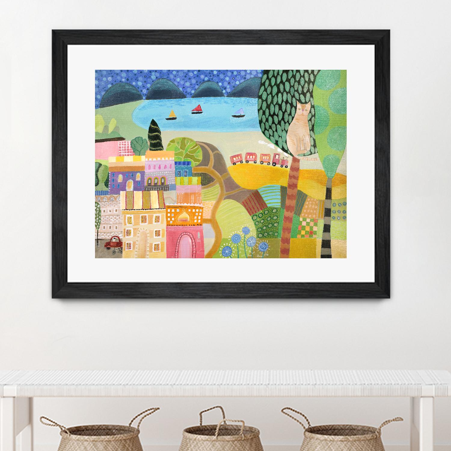 Village with Train by Nathaniel Mather on GIANT ART - green illustration maison