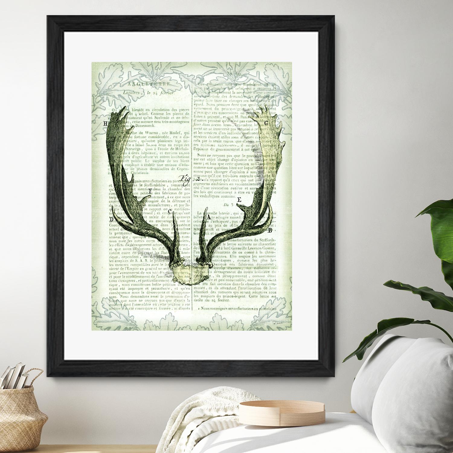 Regal Antlers on Newsprint II by Sue Schlabach on GIANT ART - brown country look