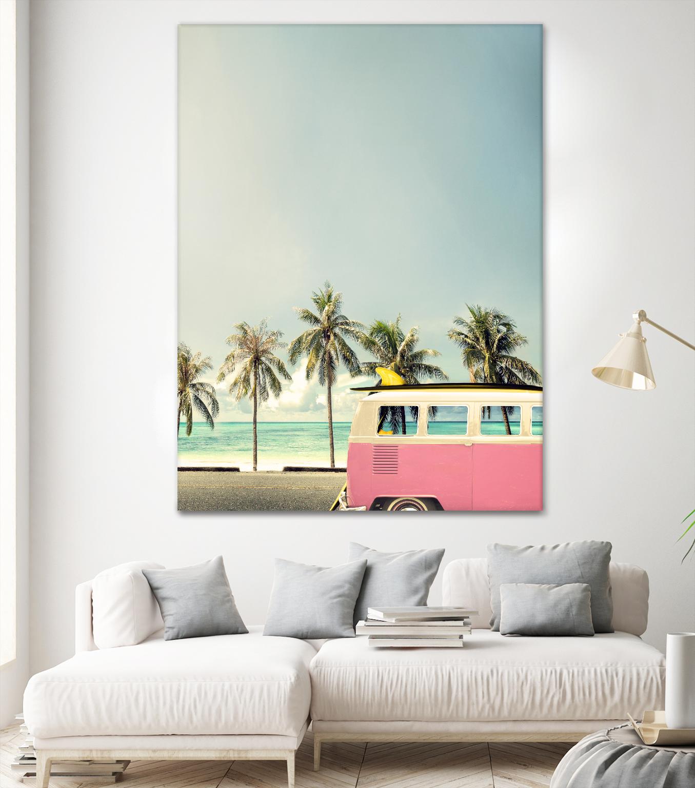 Surf Bus Pink by Design Fabrikken on GIANT ART - multi coastal, landscapes, photography, beaches, cars, ocean, palm trees, surfing, tropical, transportation