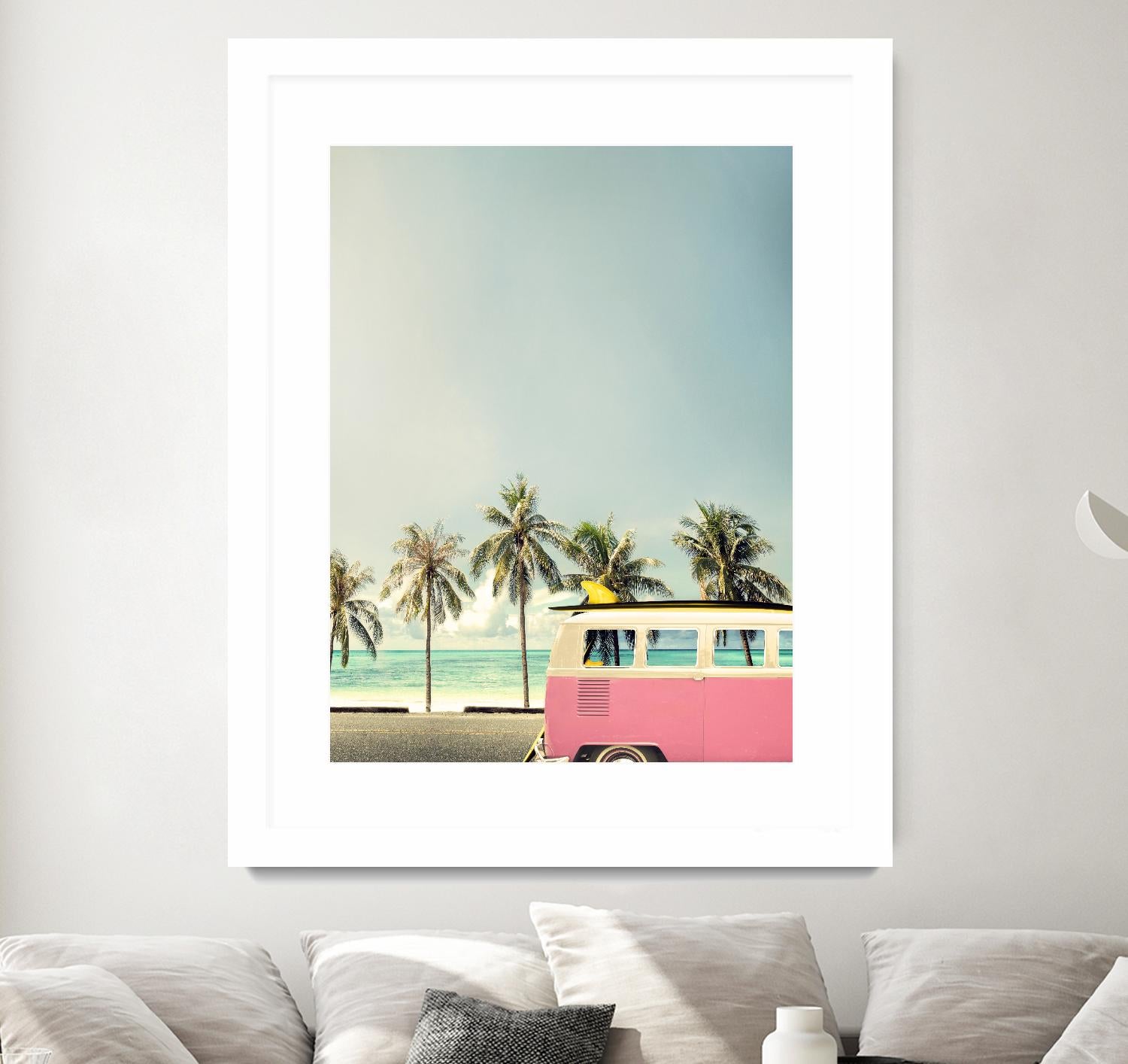 Surf Bus Pink by Design Fabrikken on GIANT ART - multi coastal, landscapes, photography, beaches, cars, ocean, palm trees, surfing, tropical, transportation