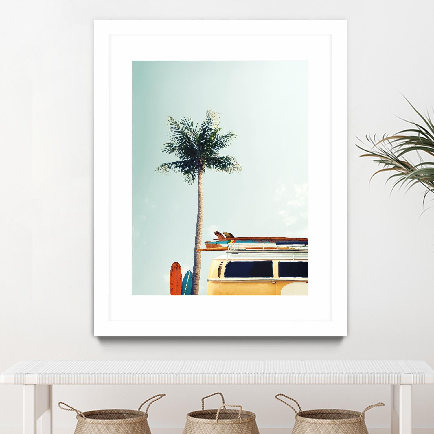 Surf Bus Yellow by Design Fabrikken on GIANT ART - multi coastal, landscapes, photography, beaches, cars, palm trees, surfing, tropical, transportation