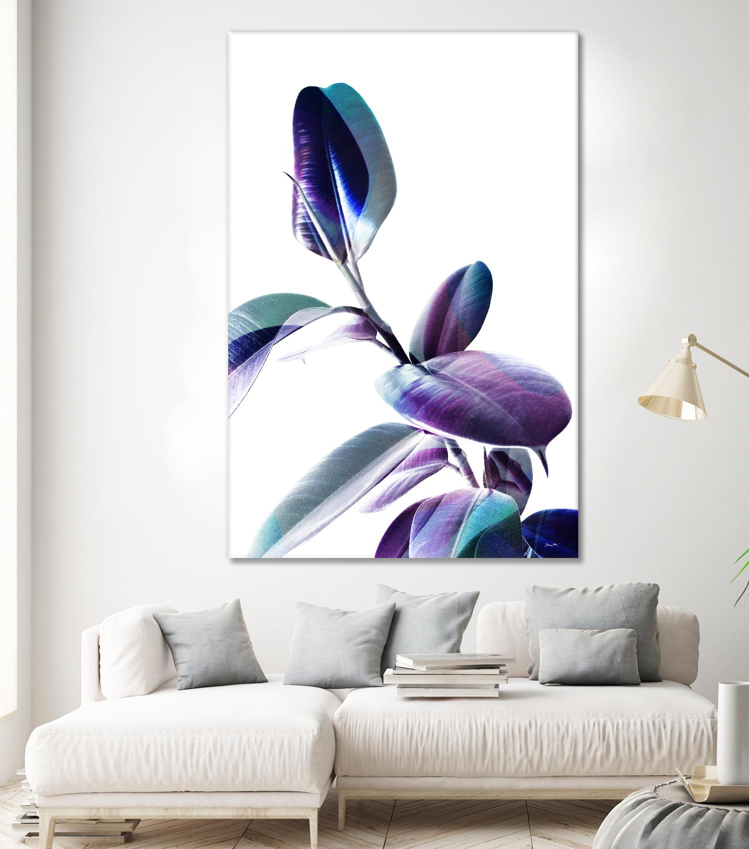 Minimal Rubber foliage in Blue and Purple on White by Dominique Vari on GIANT ART