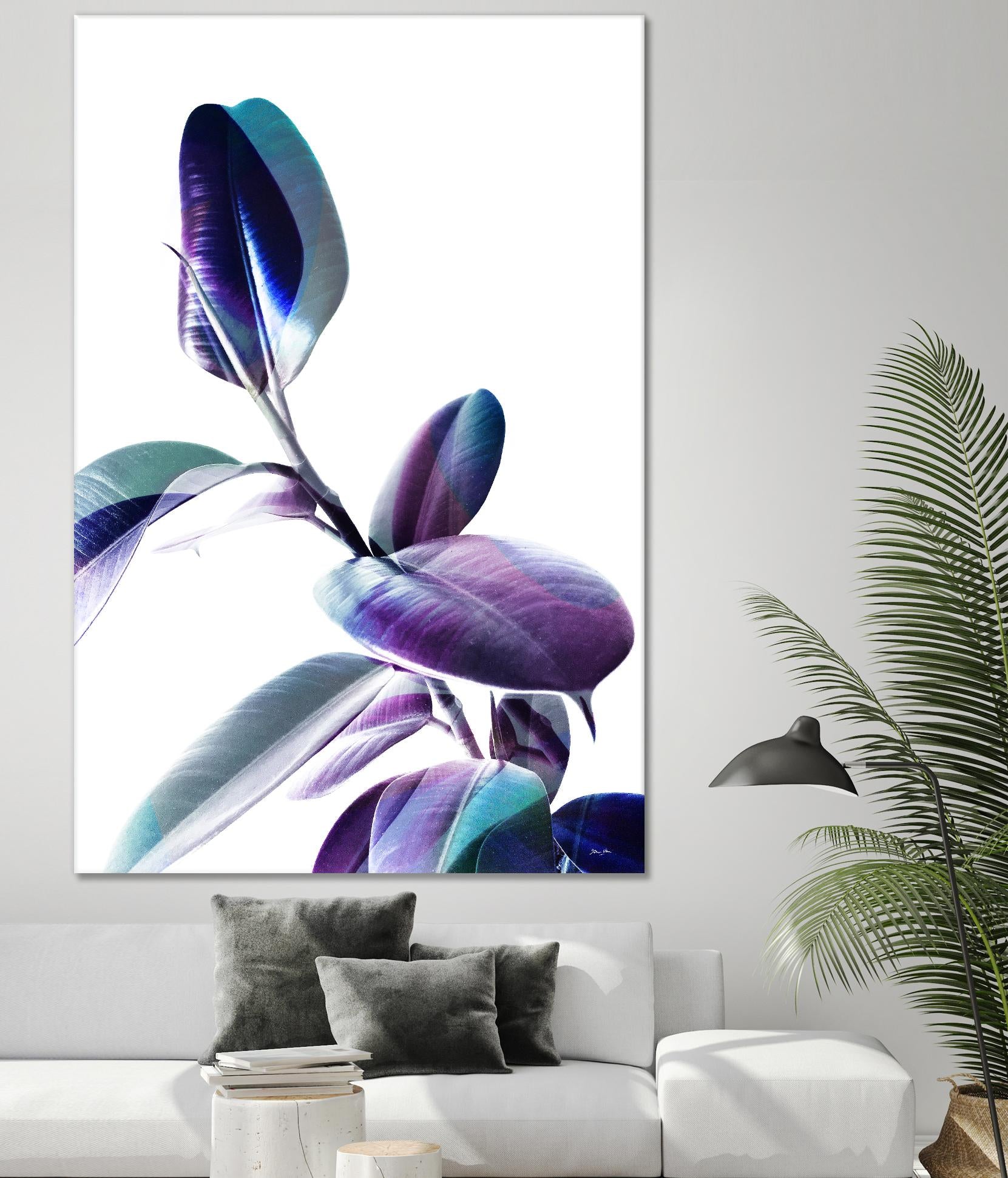 Minimal Rubber foliage in Blue and Purple on White by Dominique Vari on GIANT ART