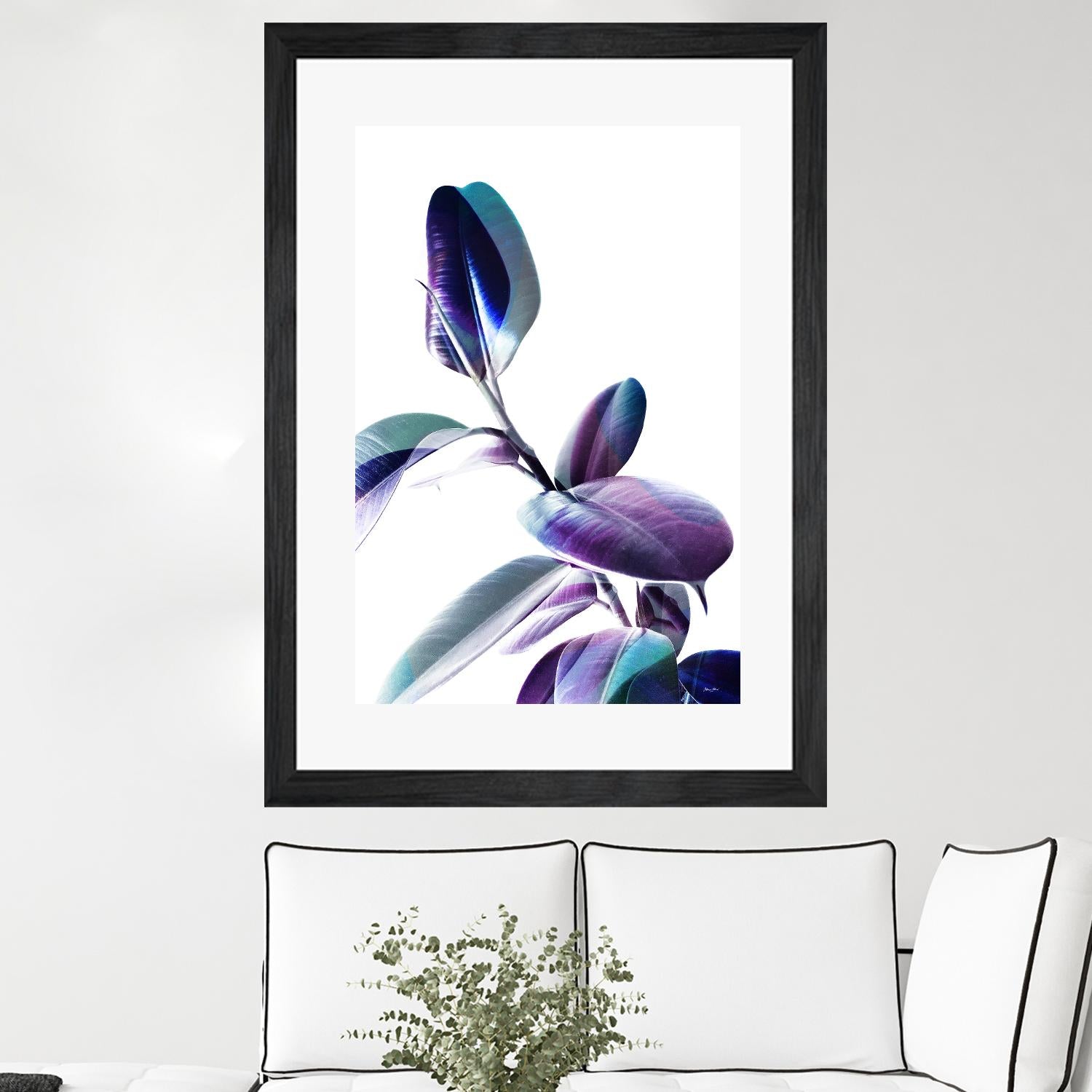 Minimal Rubber foliage in Blue and Purple on White by Dominique Vari on GIANT ART