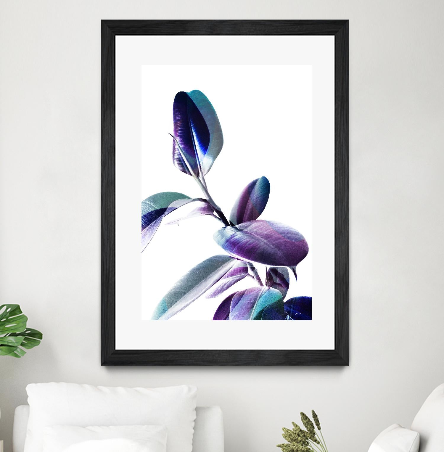 Minimal Rubber foliage in Blue and Purple on White by Dominique Vari on GIANT ART