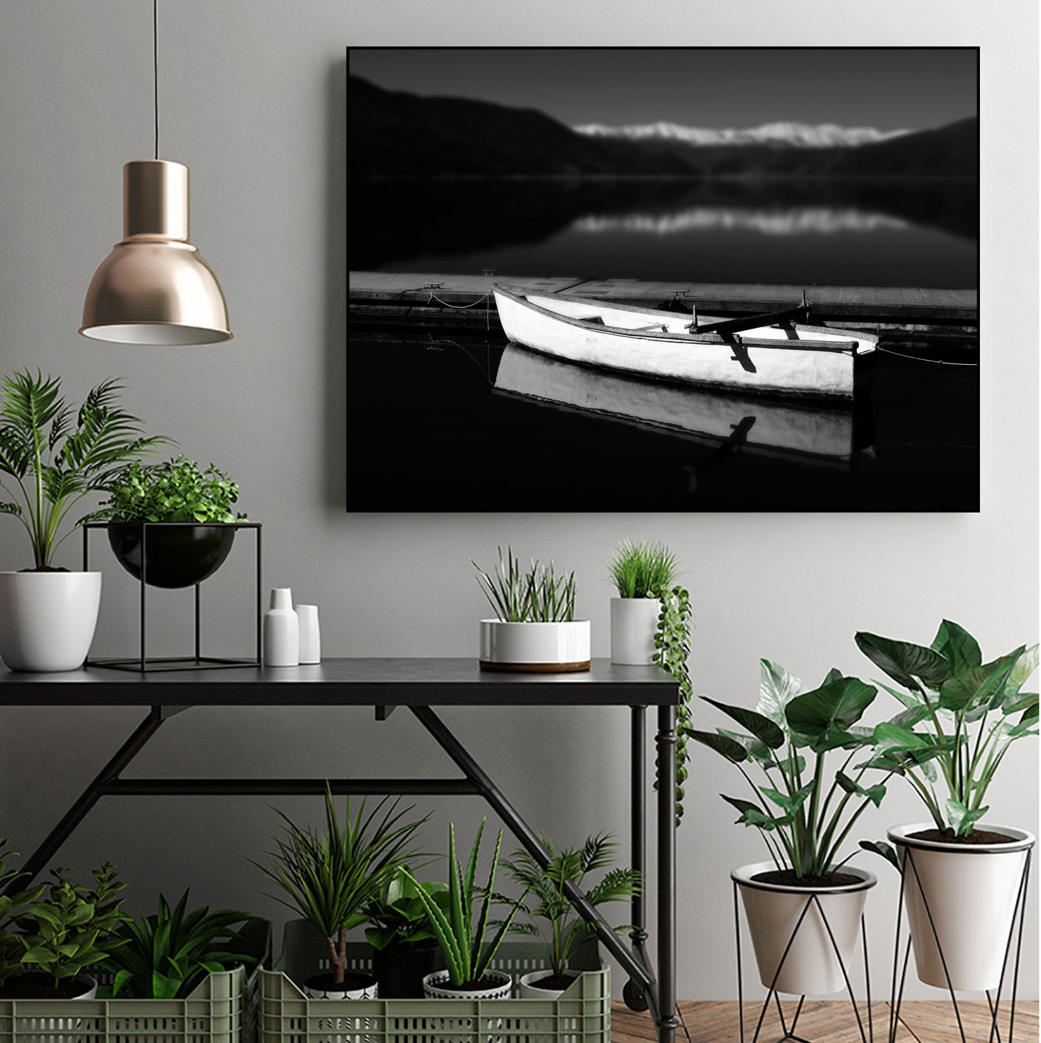 White lake boat by IOANNA PAPANIKOLAOU on GIANT ART - black photo illustration