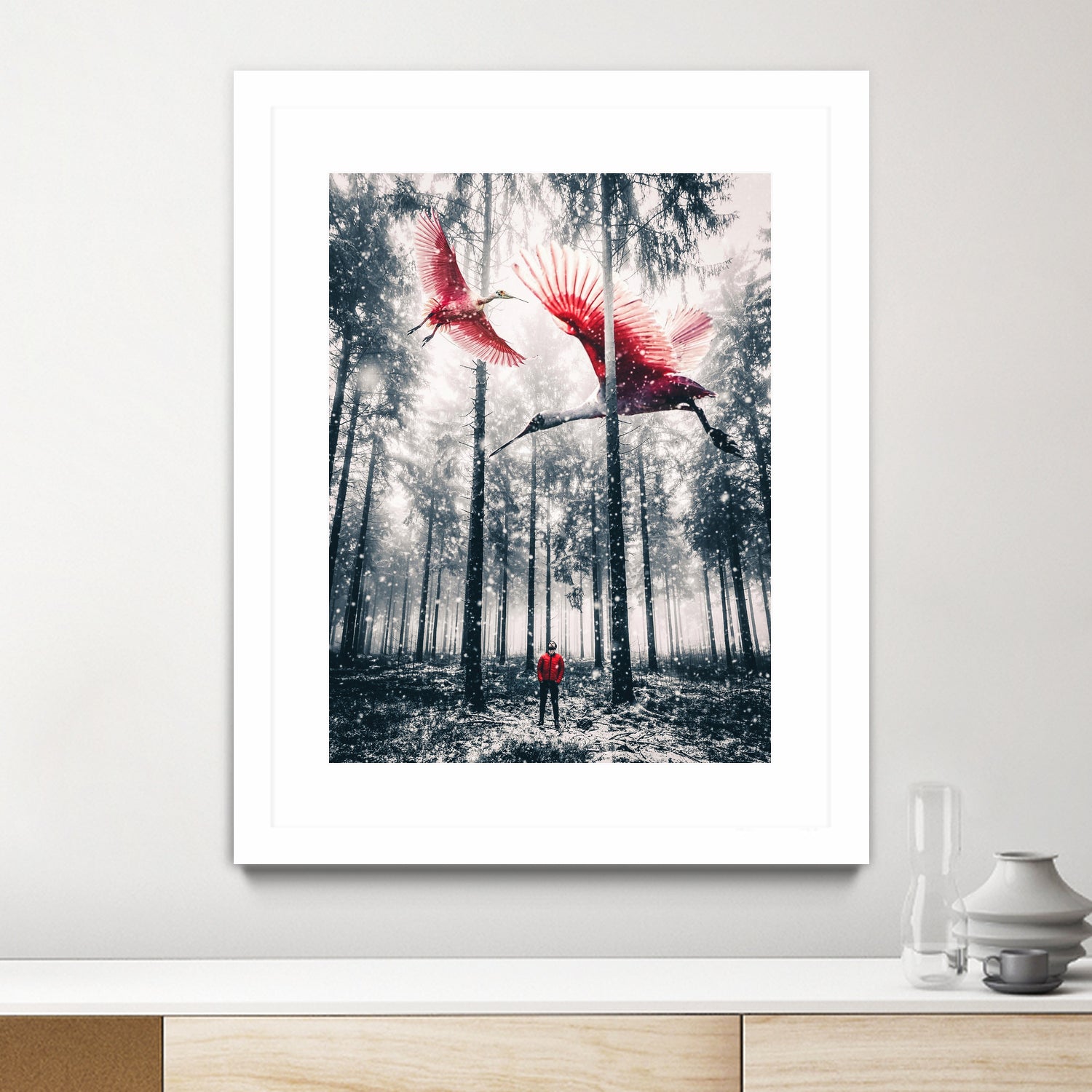 Red birds in winter by GEN Z by Rigaud Mickaël on GIANT ART - gray photo illustration