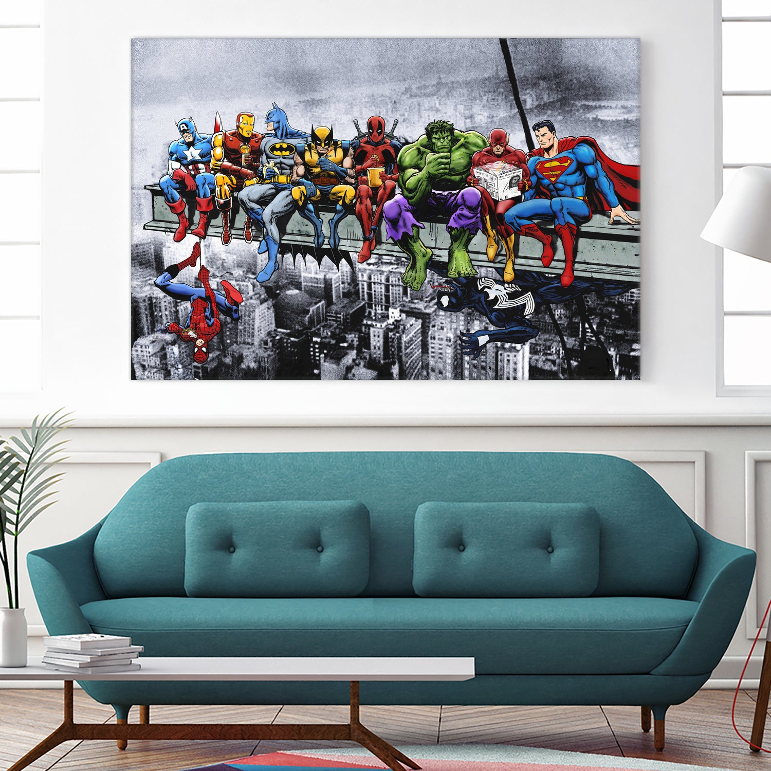 Marvel and DC Superheroes Lunch Atop A Skyscraper by Dan Avenell on GIANT ART - red digital painting