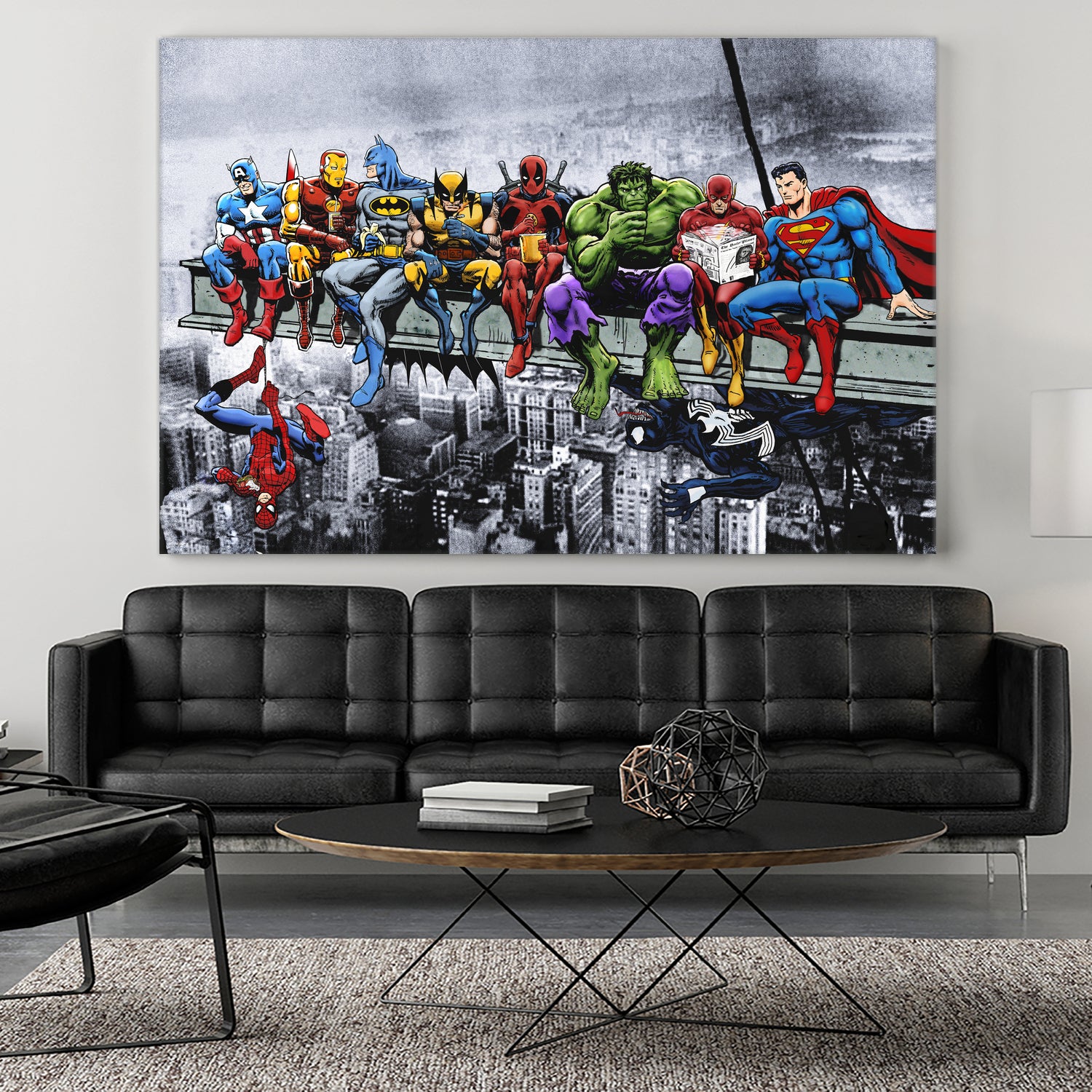 Marvel and DC Superheroes Lunch Atop A Skyscraper by Dan Avenell on GIANT ART - red digital painting