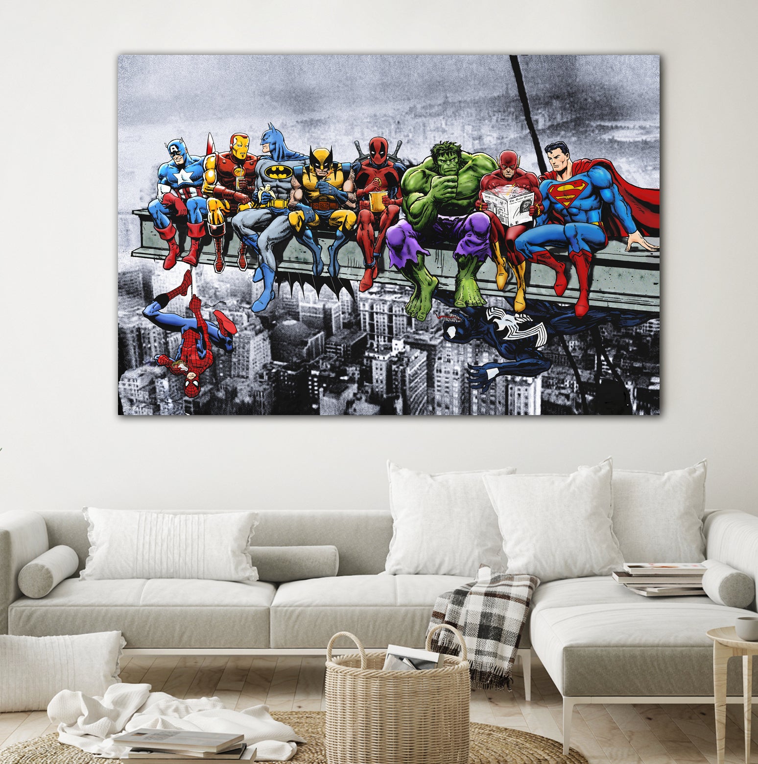 Marvel and DC Superheroes Lunch Atop A Skyscraper by Dan Avenell on GIANT ART - red digital painting