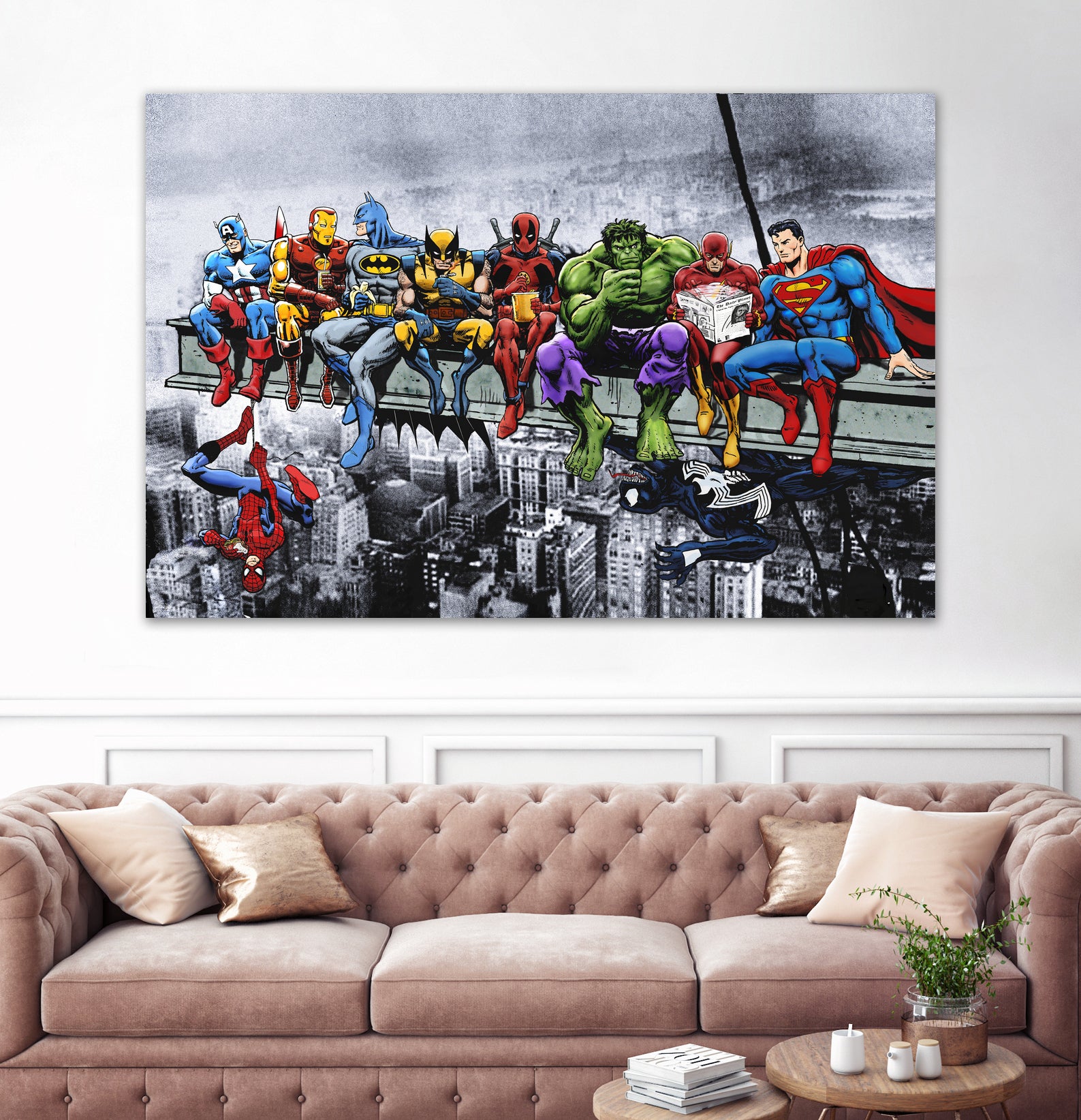 Marvel and DC Superheroes Lunch Atop A Skyscraper by Dan Avenell on GIANT ART - red digital painting