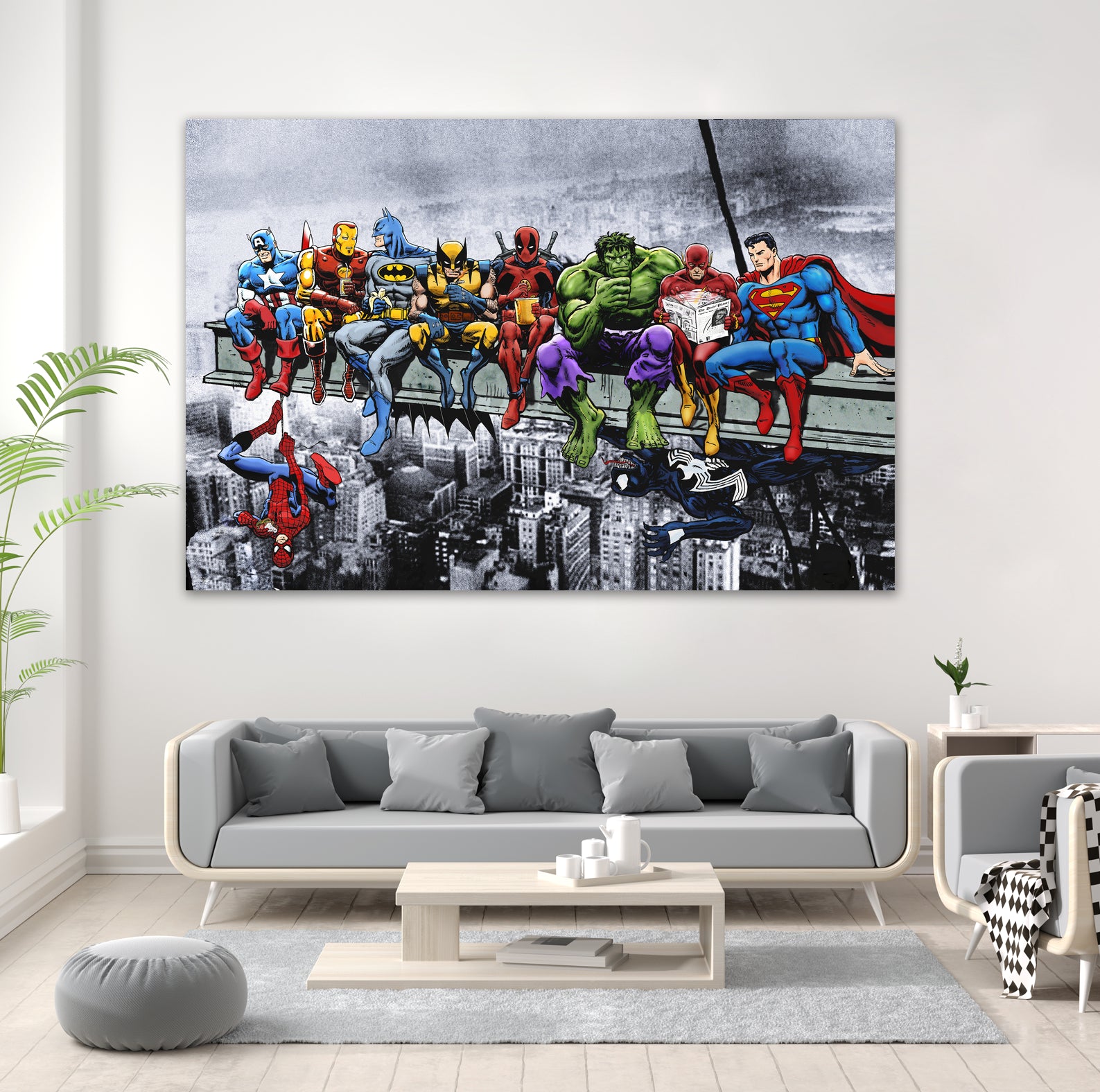 Marvel and DC Superheroes Lunch Atop A Skyscraper by Dan Avenell on GIANT ART - red digital painting